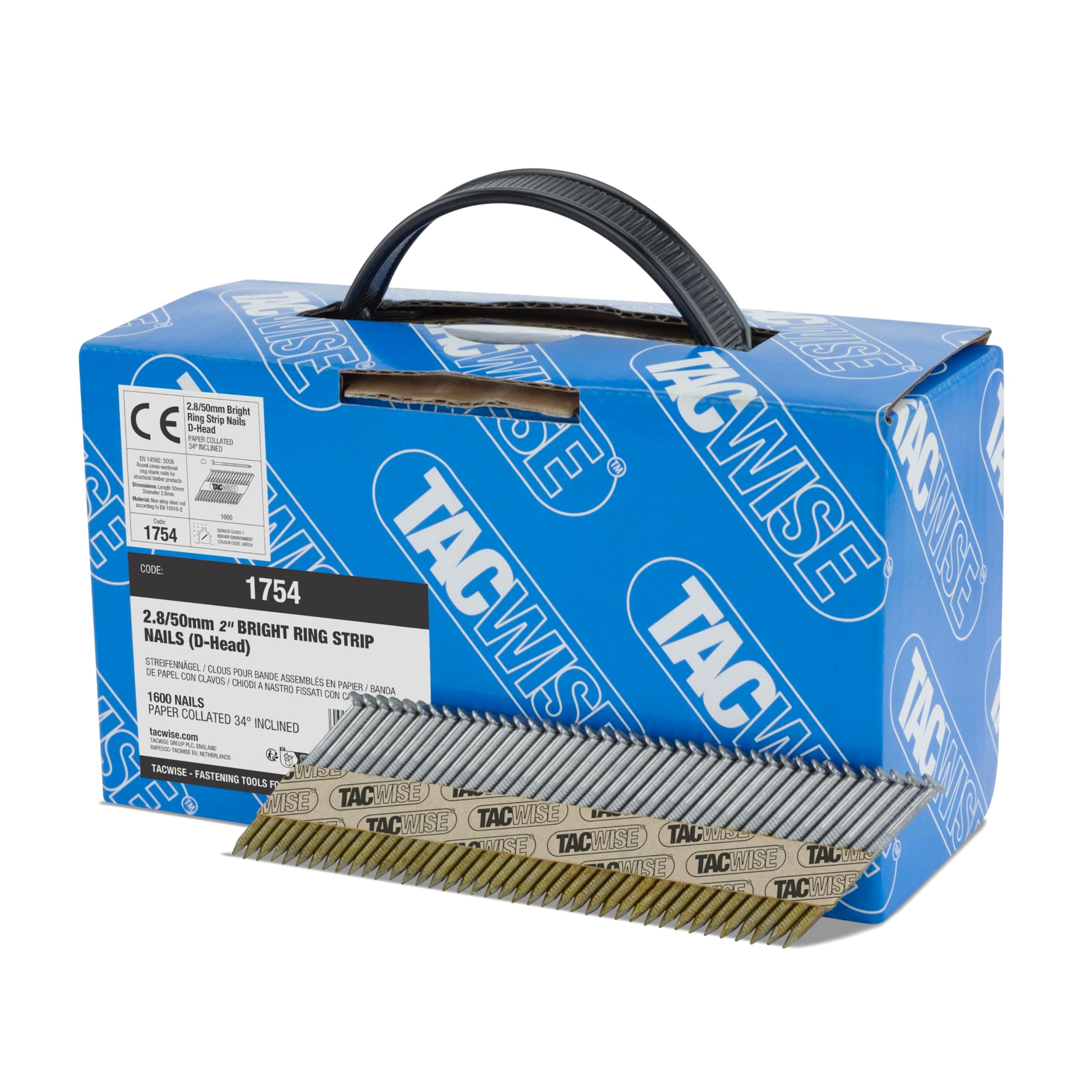 Tacwise1754 Bright Framing Nails 2.8/50 mm, D Head, Ring Shank, 34° Inclined, Paper Collated, Pack of 1600