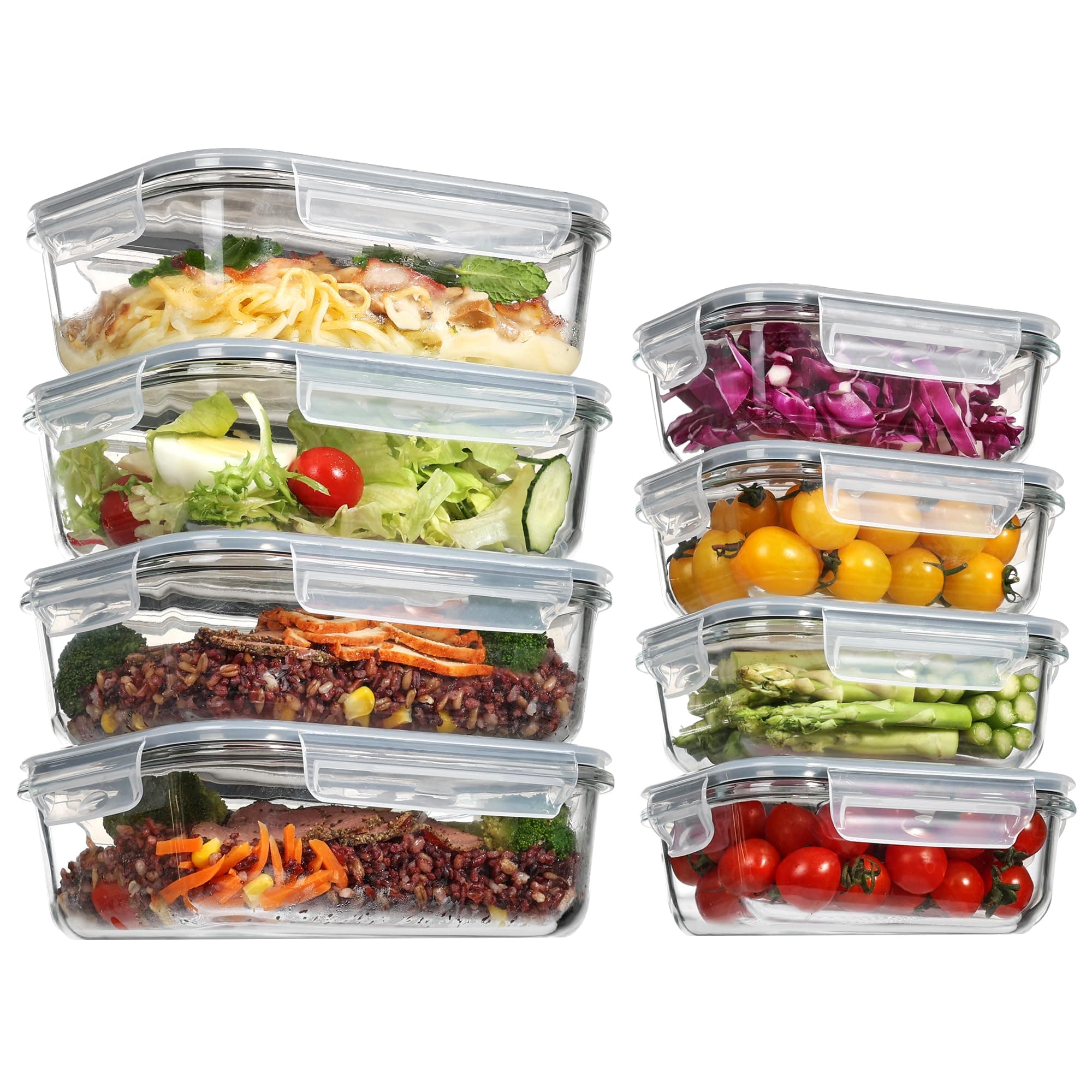 8 Pack Glass Meal Prep Containers with Snap Lids (4 * 35.1oz+4 * 12.5oz), Kitchen Food Storage Containers for Microwave, Oven, Freezer and Dishwasher