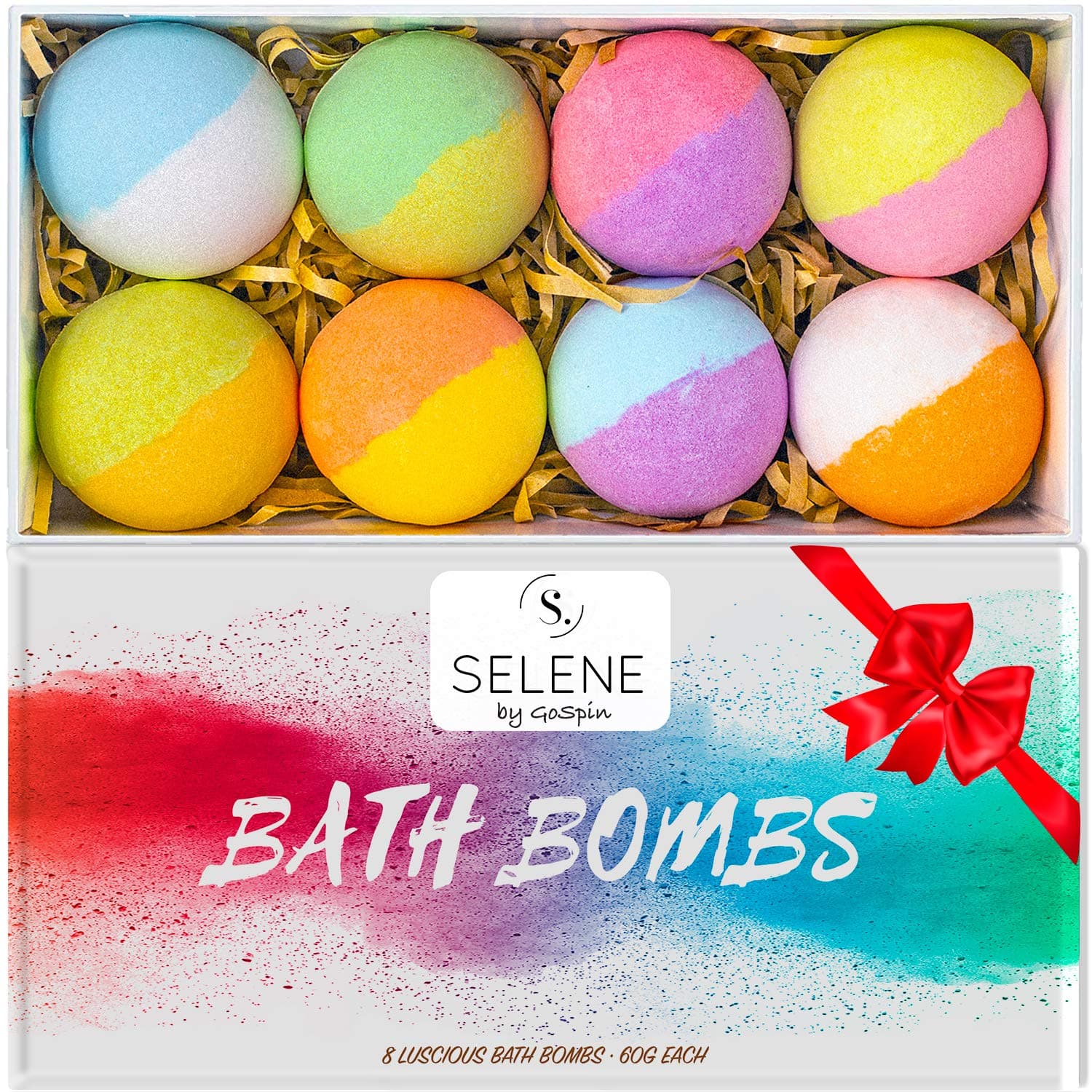 GoSpin Selene Bath Bombs Gift Set (Holiday 8 Pack) - Spa Fizzies For Kids, Women - Lush Present Idea for Her, Mom, Girlfriend, Birthday - Handmade, Vegan, and Non Staining