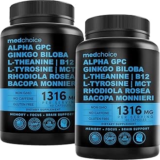 12-in-1 Nootropic Brain Supplement Anhydrous: Ginkgo Biloba for Brain Support, Memory and Focus - B12, Alpha GPC, L Theanine and Choline Supplements with Bioperine non Caffeinated 1321mg (120ct)