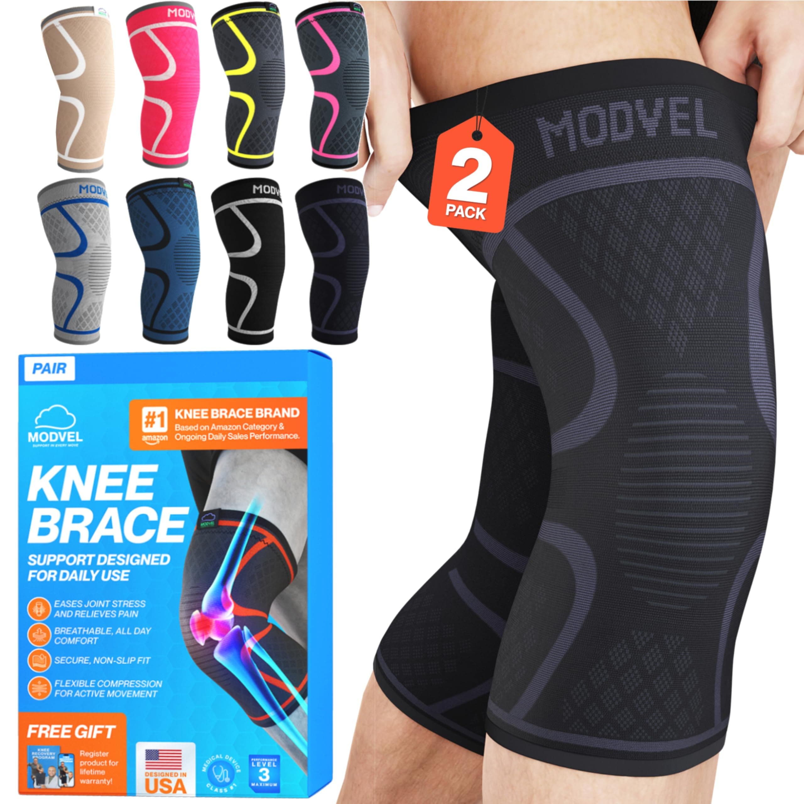 MODVEL Knee Support Compression Sleeve Women & Men - 2 Pack, Running Knee Brace, ACL & Arthritis Pain Relief, Joint Pain, Meniscus Tear, & Every day use (L)