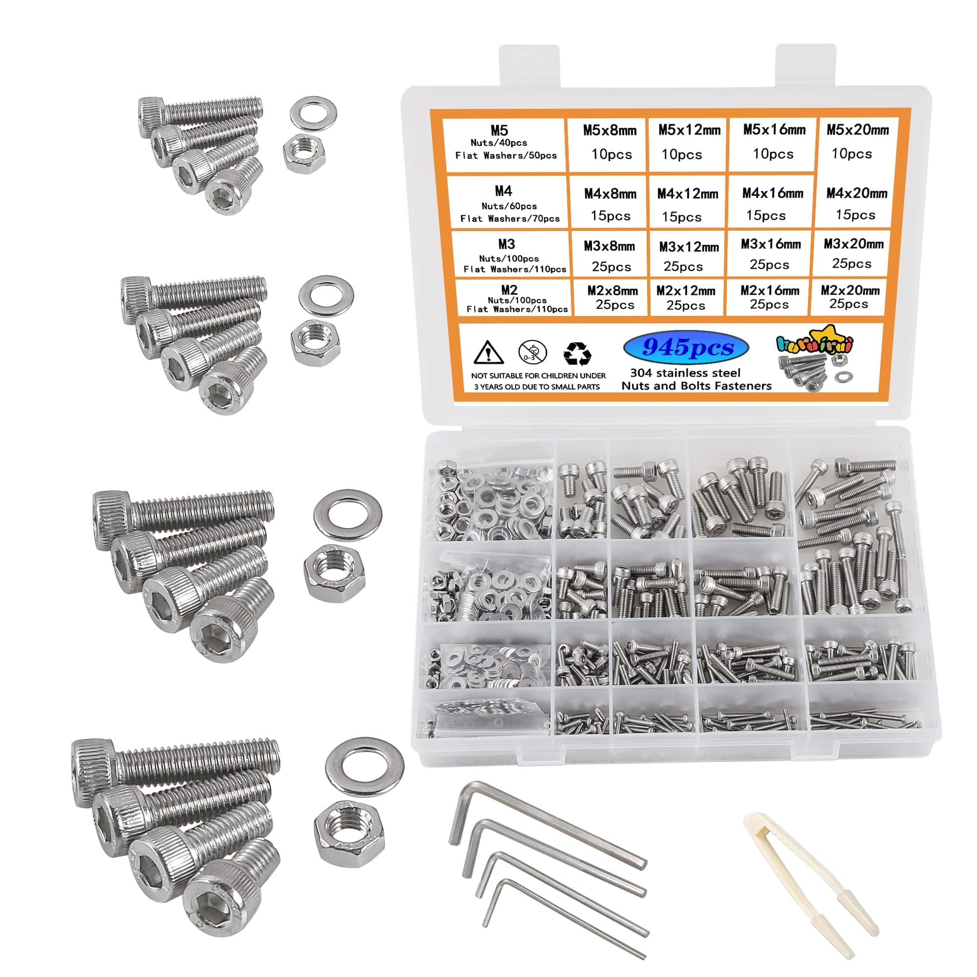 M2 M3 M4 M5 Nuts and Bolts Washers Assorted Set 304 Stainless Steel Hex Socket Head Cap Screws Bolts and Nuts Kit 945pcs Thread Machine Screws Hex Bolt Set Fastener Repair Tools Assortment
