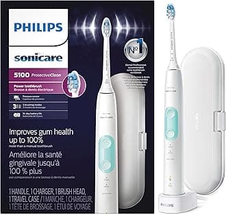ProtectiveClean 5100 Rechargeable Electric Toothbrush, with Pressure Sensor, 3 Cleaning Modes, SmarTimer and QuadPacer, 14-Day Battery Life, Travel Case, White, Model HX6857/11