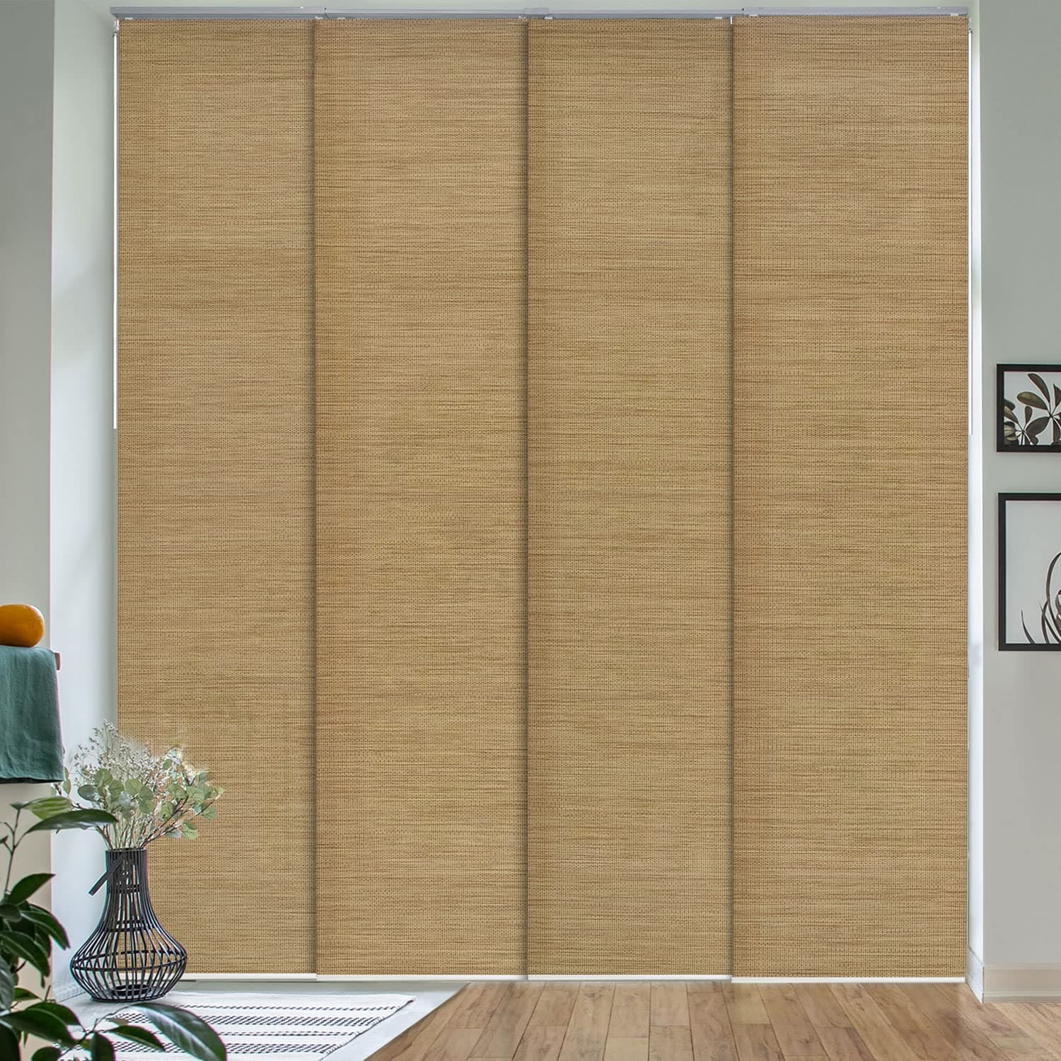 Adjustable Vertical Blinds for Windows, Panel Track Blinds for Sliding Closet Doors, Extendable Track from 45.8" to 86" W, Trimmable Panel Curtains Up to 96" H, Pecan