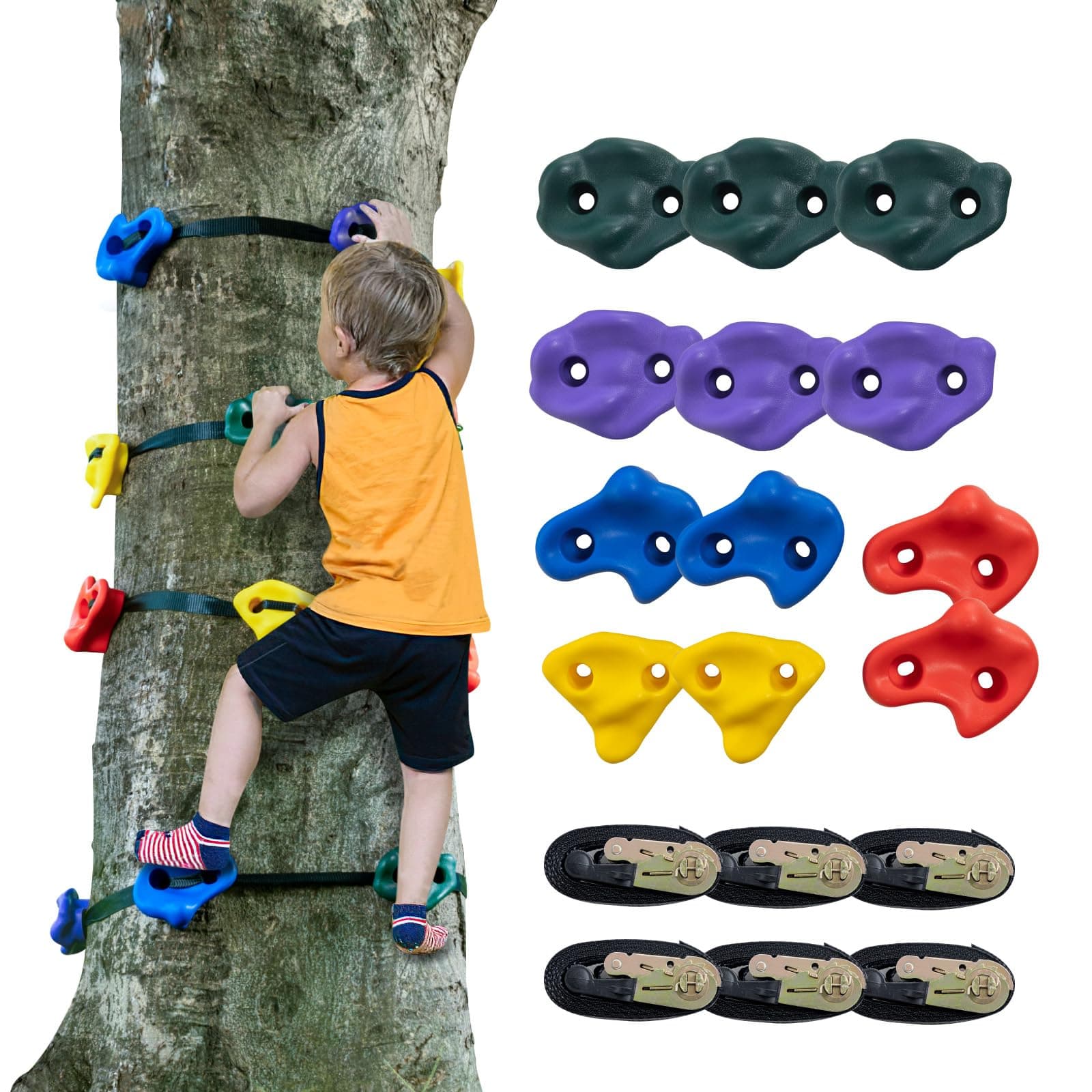 VEVOR Ninja Tree Climbing Kit, 12 Tree Climbing Holds and 6 Ratchet Straps, Large Climbing Rocks for Kids and Adults Climber, and Shapes, for Outdoor Ninja Warrior Obstacle Training