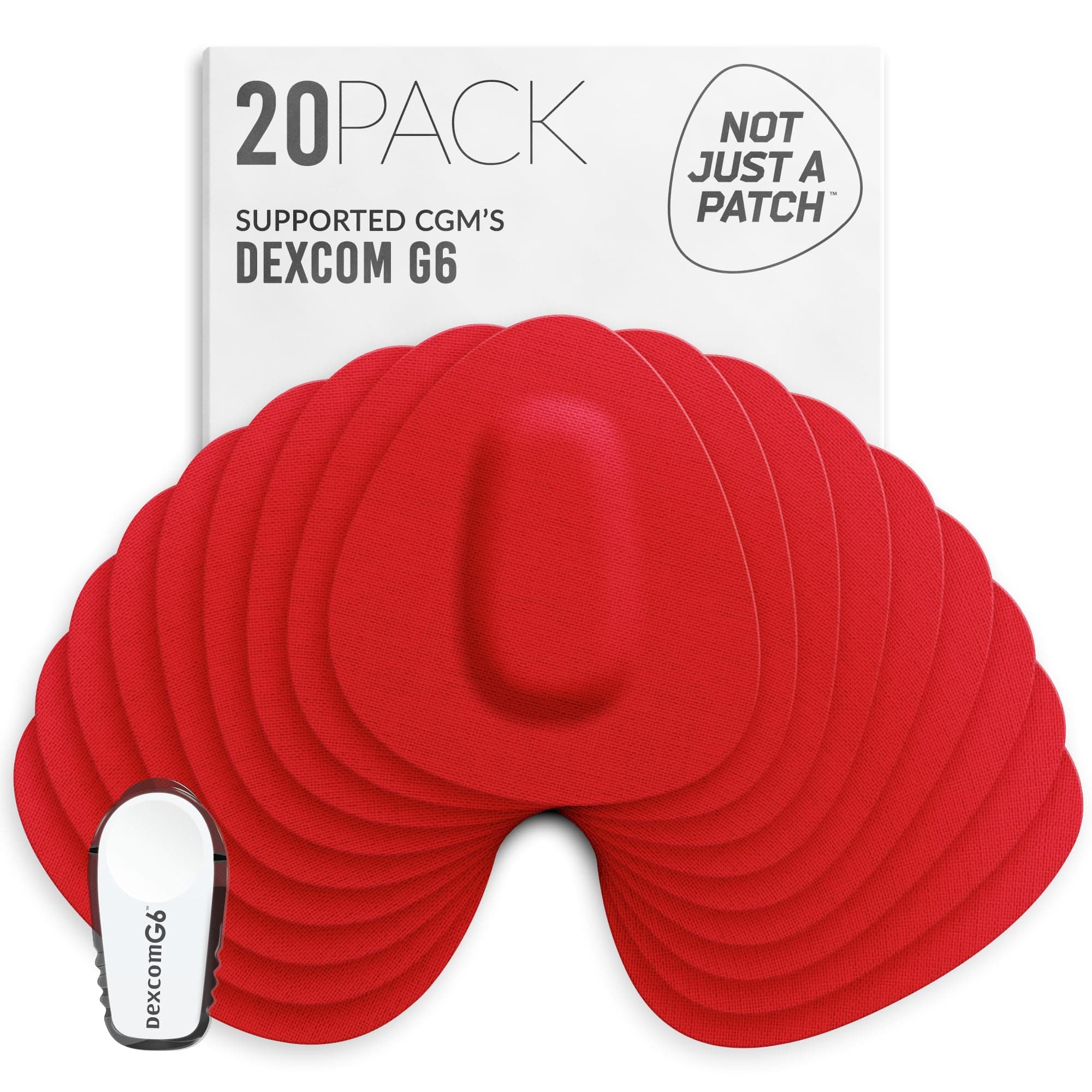 – Not Just A Patch CGM Sensor Patches for Dexcom G6 & MiaoMiao (20 Pack) - Water Resistant & Durable for Active Lifestyle for 10-14 Days - Pre-Cut Dexcom G6 Adhesive Patches in Red