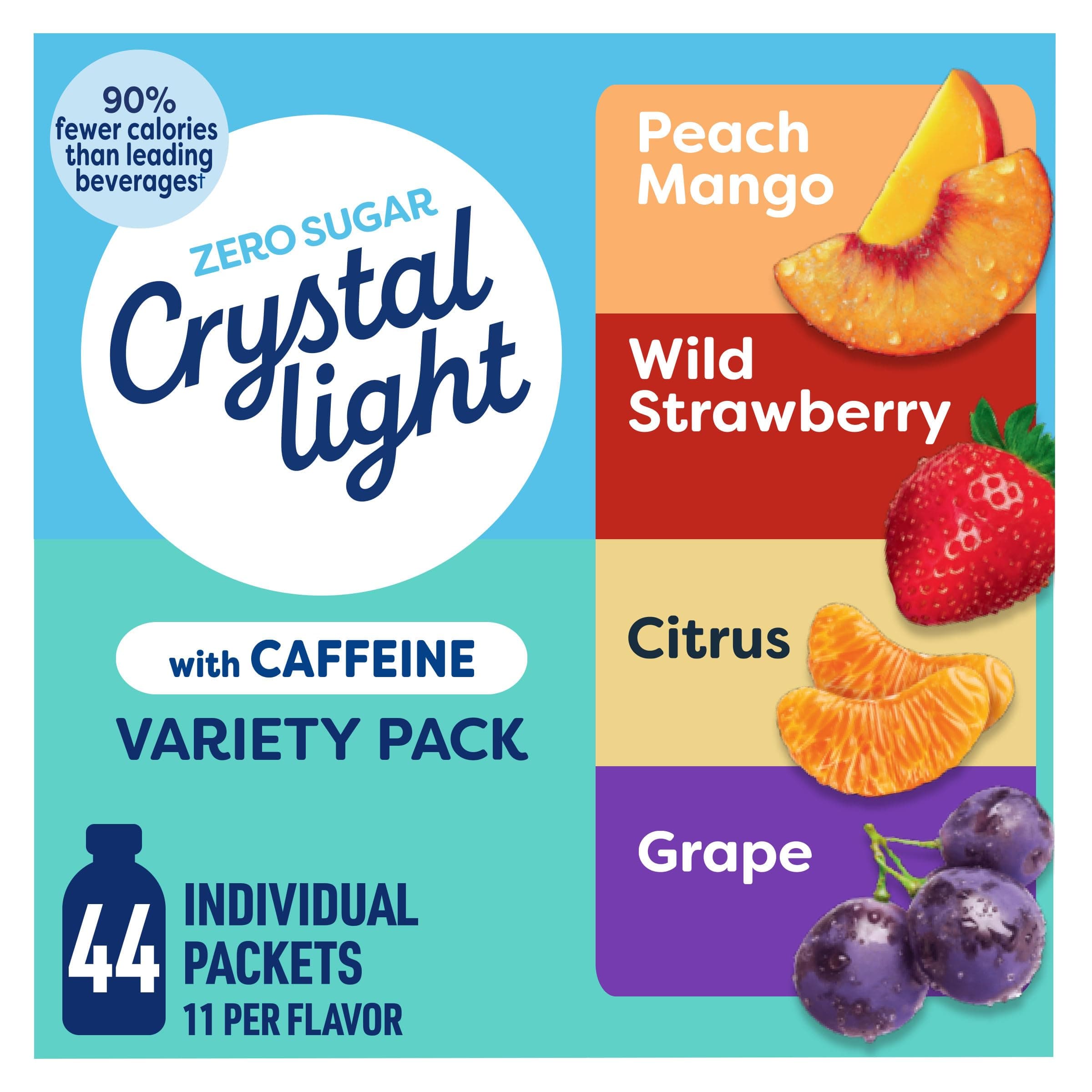 Crystal Light Energizing Drink Mix with Caffeine Variety Pack, 44 Packets for On-the-Go Hydration, Peach Mango, Wild Strawberry, Citrus, Grape, Naturally and Artificially Flavored, Zero Sugar, 4.18 oz