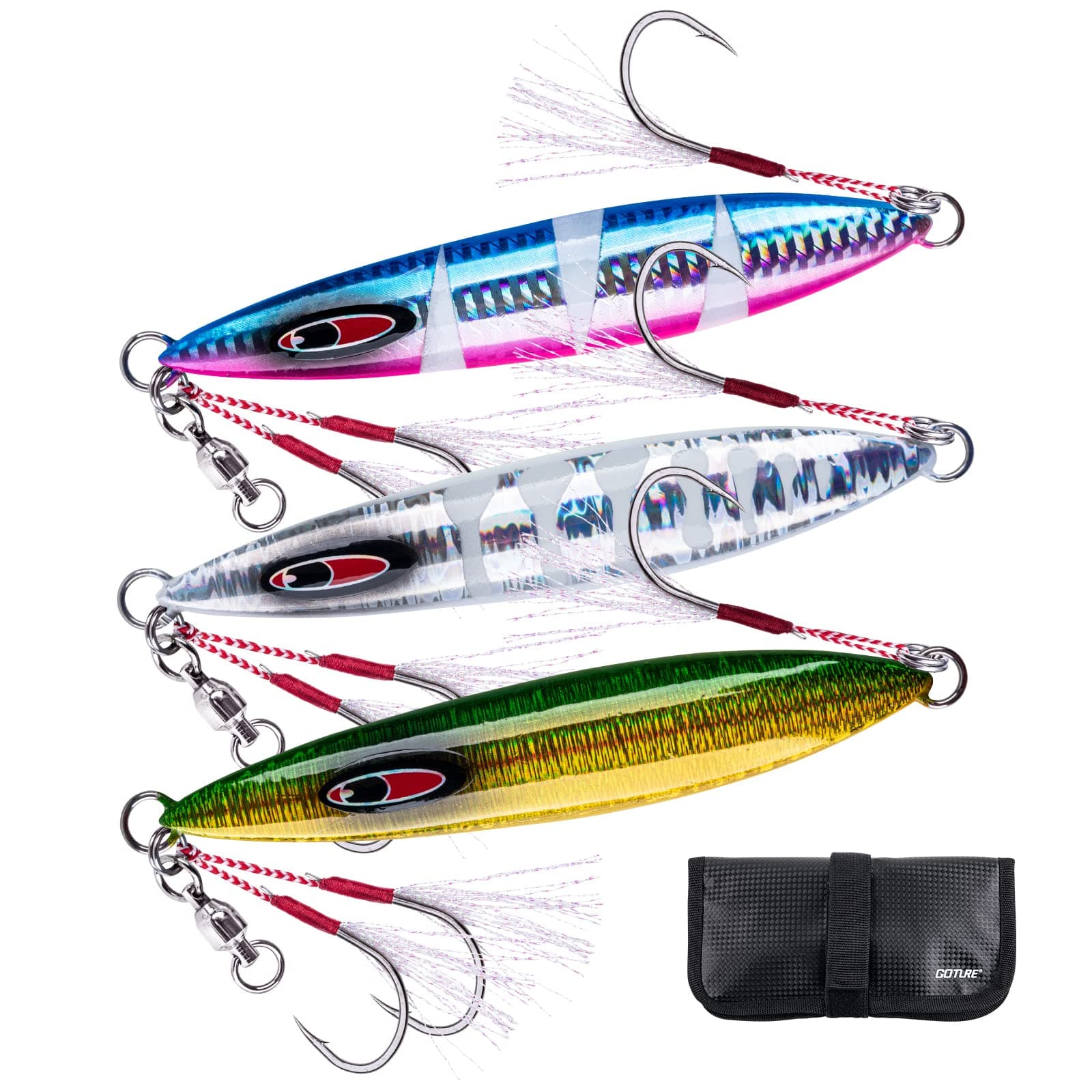 Goture Slow Flat Fall Luminous Lead Vertical Saltwater Artificial Lure Jig Fishing Lure with Two Assist Mustad Hook for Tuna Kingfish Bass Salmon