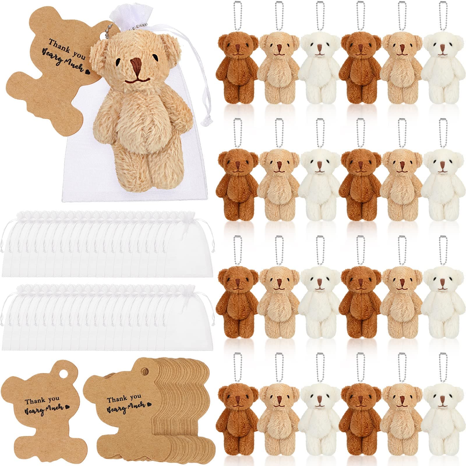Sotiff 24 Sets Mini Bear 2.36 Inch Stuffed Plush Bear Keychain Tiny Bear with Thank You Tag and White Organza Bag for Boy Girl DIY Keychain Baby Shower Birthday Party (Beige/Apricot/Brown, Classic)