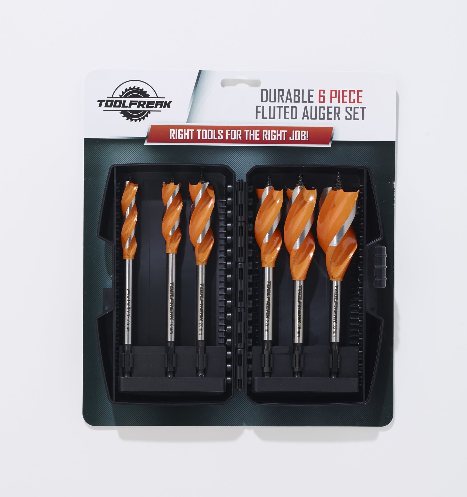 ToolFreak wood drill bit set | premium carpenters tools for the rapid easier drilling of timber | 6 piece auger set with bigger and better range of sizes 13mm, 16mm , 20mm , 22mm, 25mm, 32mm | Self Fed to Aid with Accuracy | Supplied in Hardened Case Keeping Them Safe in Your Toolbox| Drawstring Bag Included