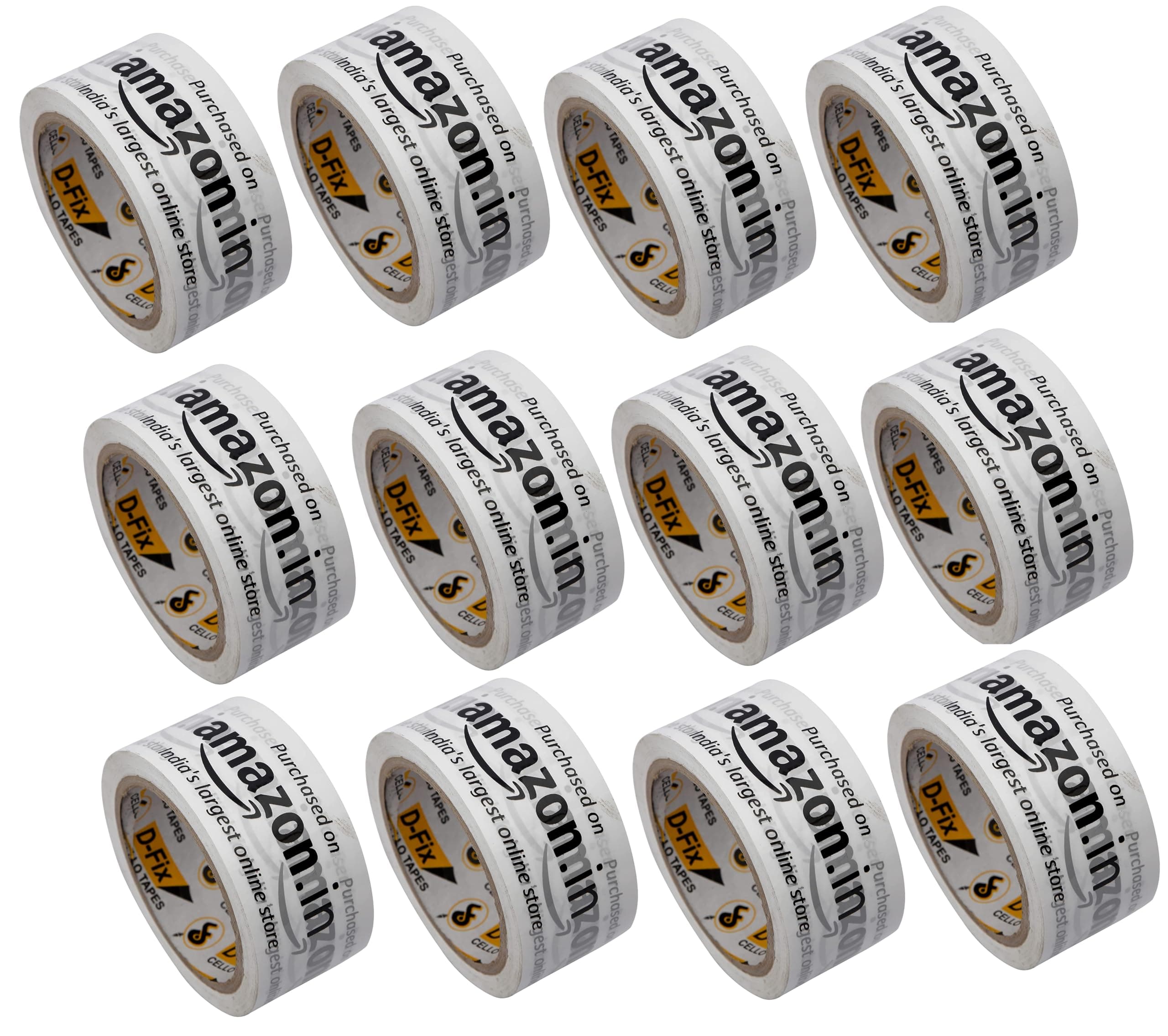 D-fix Self Adhesive Amazon Printed Packing Cello Tape - 65 Meters in Length - 48mm Width, BOPP Industrial Packaging Tape for E-Commerce Box Packing Pack of-12, White