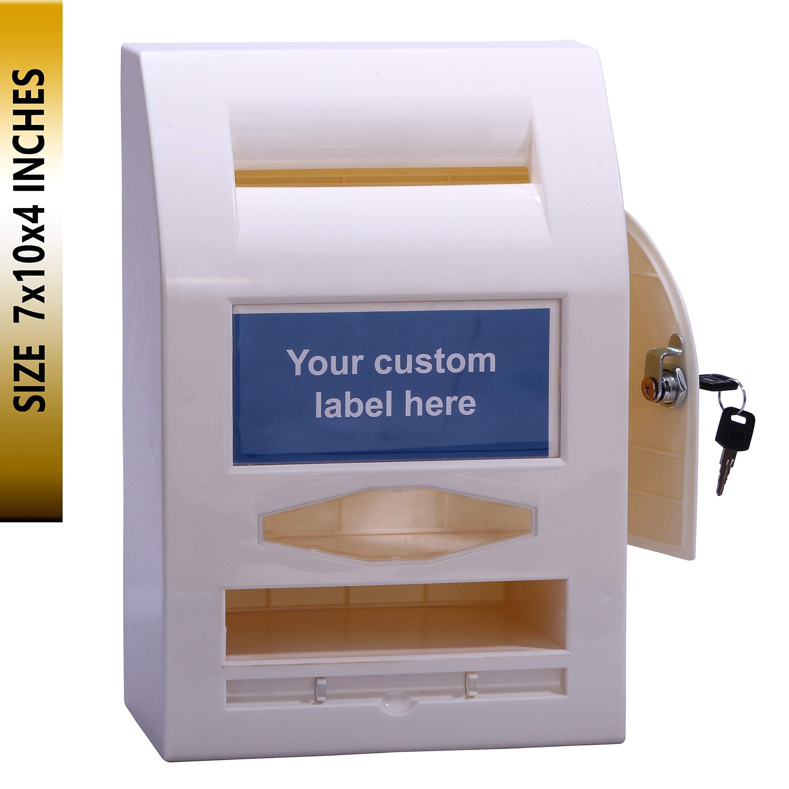 PEIYOU Ballot Box with Lock Table Top for Wall Mounting with 6 Replaceable Labels (Off-White, 7x10x4-Inches)