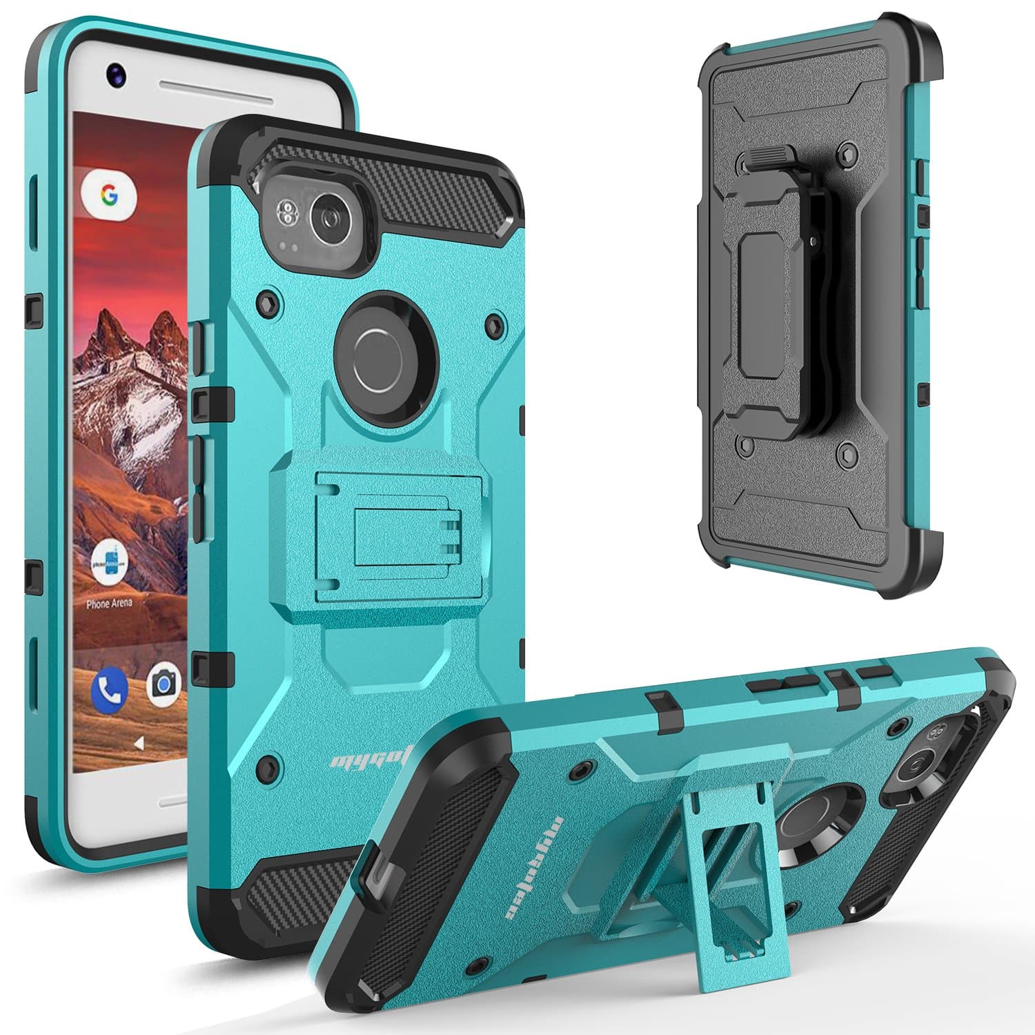 Google Pixel 2 XL Case, MyGotec Shockproof Belt Clip Kickstand Holster Dual-Layer Durable Rugged Armor Case - Teal