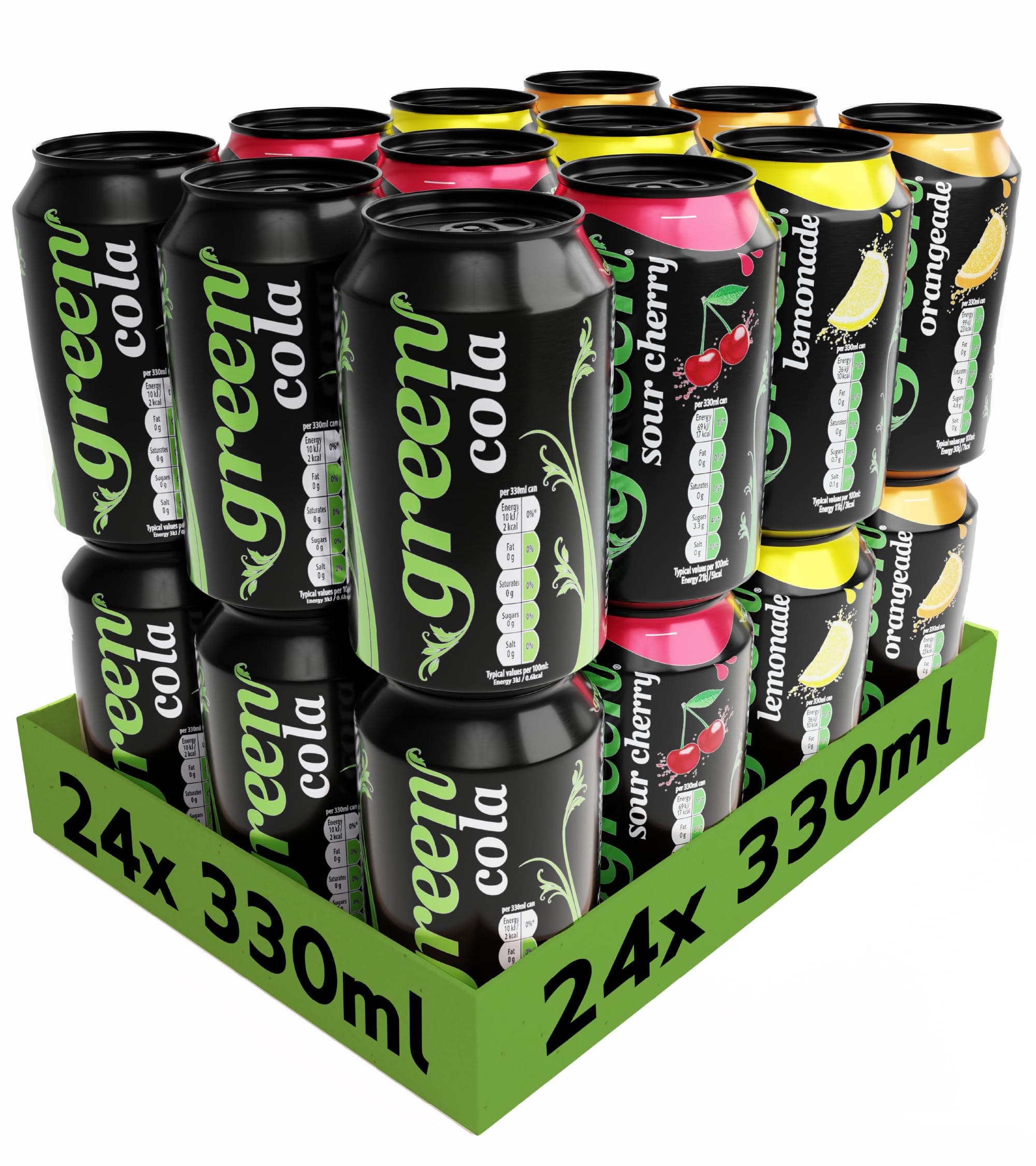 – Green Drinks Variety Pack - Low Calorie Sparkling Soft Drinks - Cola, Lemonade, Orange, Cherry - Sweetened with Stevia, No Added Sugar, Natural Caffeine, No Aspartame - Bulk Pack 24 Cans x 330ml