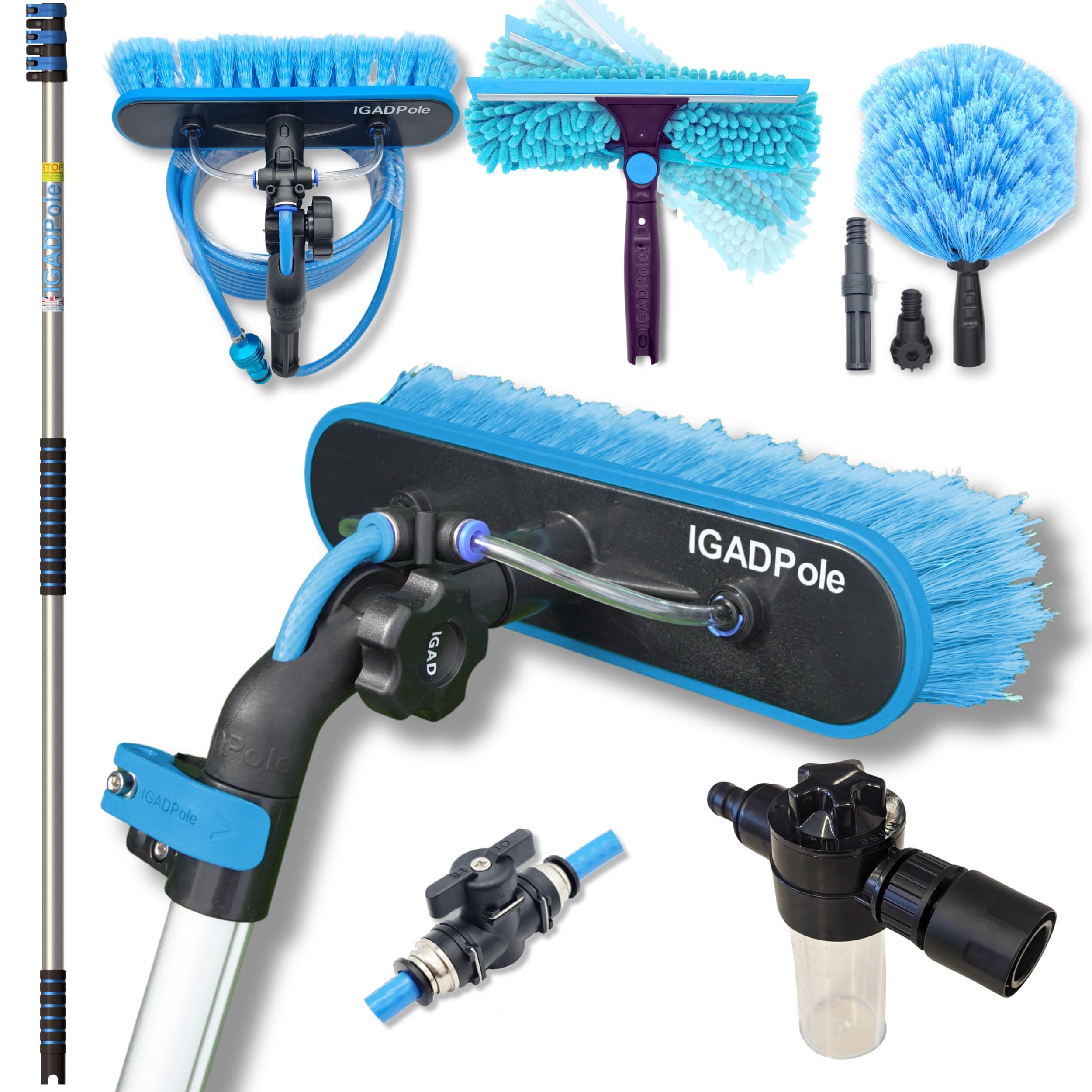IGAD Pole 12ft Washing Kit: Water-fed Brush, Cobweb Duster and 10”(25cm) Squeegee and Soap Dispenser, with 3-Stage Telescoping Pole 5-12ft (3.6m) Pole