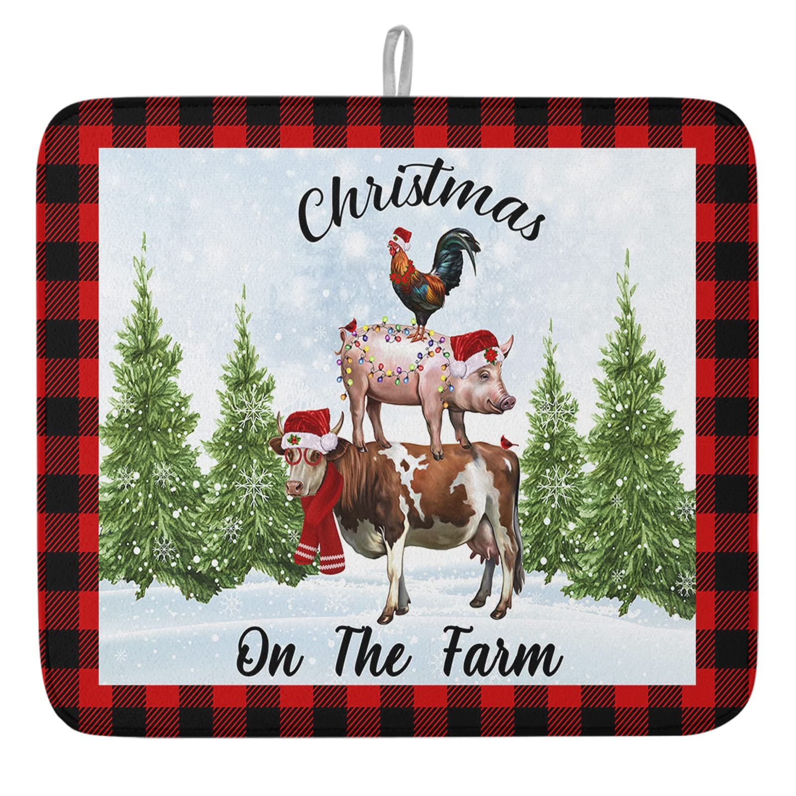 Dish Drying Mat for Kitchen Counter, Christmas Drain Rack Mat Microfiber Absorbent, Cow Pig Chicken Christmas on The Farm Red Checkered Quick Dry Dish Pad for Sink, Countertop 18 x 24 inch
