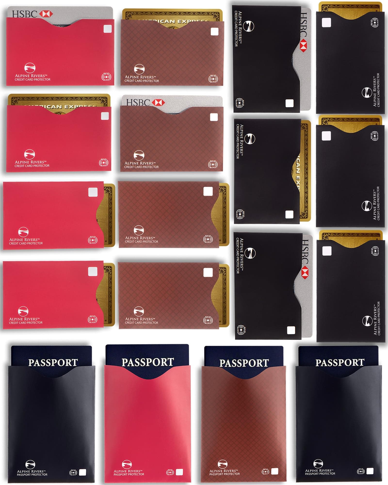 ALPINE RIVERS RFID Blocking Sleeves 18 Pack - Multi-Color Credit Card Protectors (7 Top-Load, 7 Side-Load) and 4 Passport Holders | NFC Blocker 13.56 MHz | Bank Debit ID Covers | Everyday and Travel