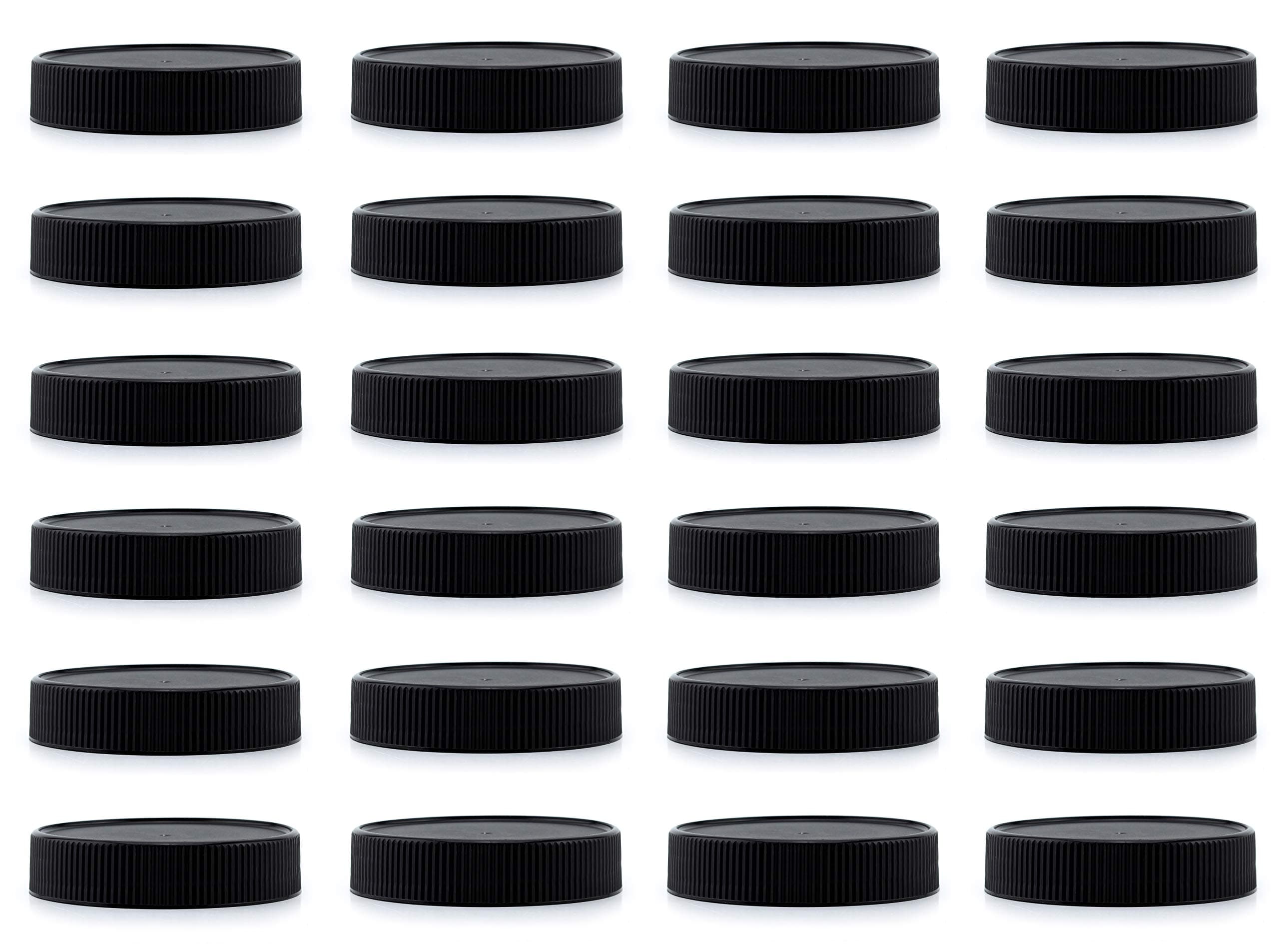 Cornucopia Plastic Mason Jar Lids (24-Pack, Black, Lined); Regular Mouth 70-450 Storage Caps for Mason Jars