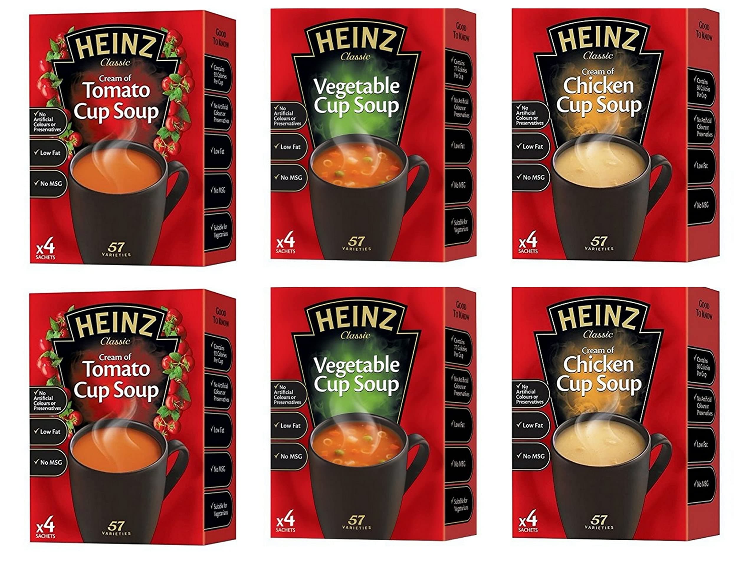 Cup Soup Variety Bundle 6 Boxes Tomato, Chicken & Vegetable Flavours 2 Packs x 4 Sachets of Each Instant Broth. Exclusive Kingdom Supplies Recipe Tips Sheet.