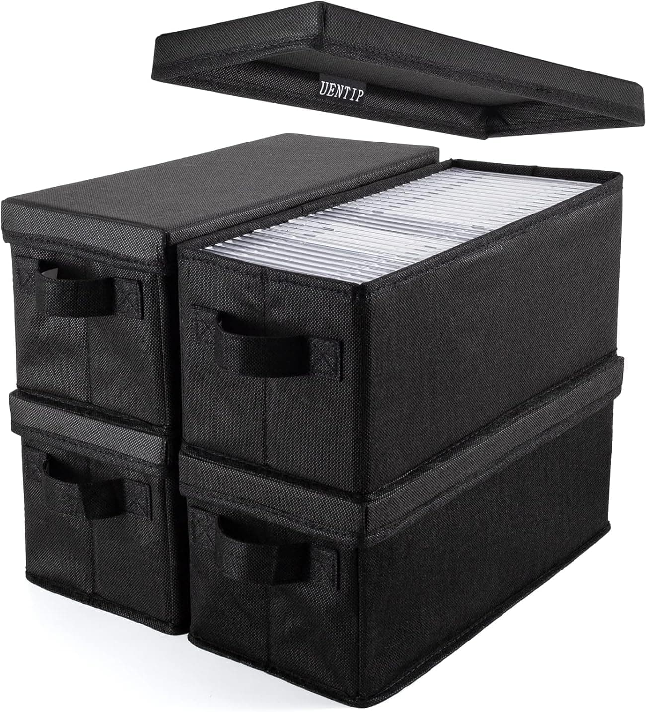 CD Storage Boxes - Pack of 4 CD Case Storage - 13.2" x 5.9" x 5.3", Container Holds 30 CDs in Full Jewel Cases, 60 CDs in Slim Cases, and 165 Discs in CD Sleeves - Black (4pack-Black)