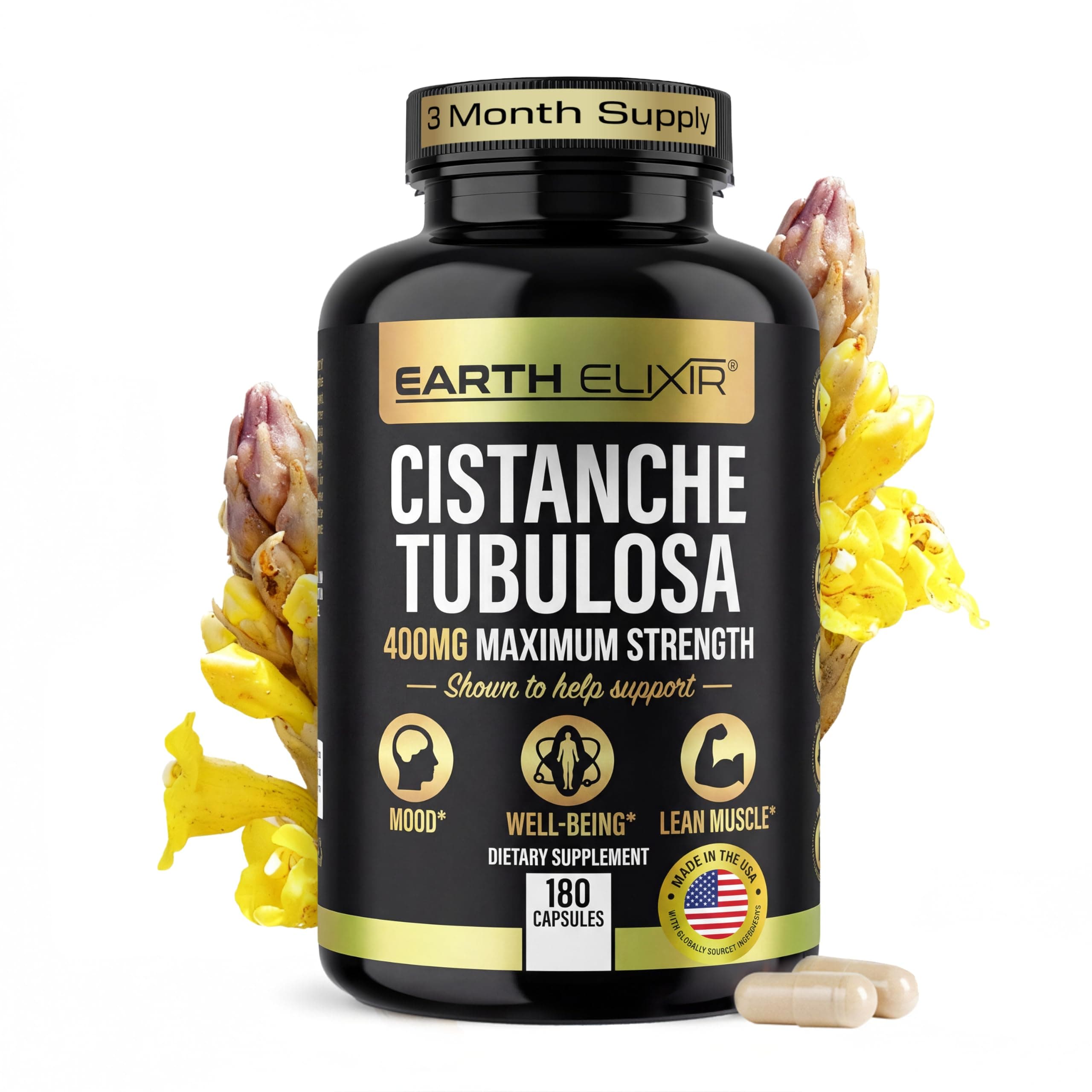 Earth Elixir Cistanche Supplement for Men & Women – Potent Cistanche Tubulosa Extract Capsules for Daily Vitality, Strength & Performance Support – Made in USA, 3rd Party Tested & 3 Month Supply