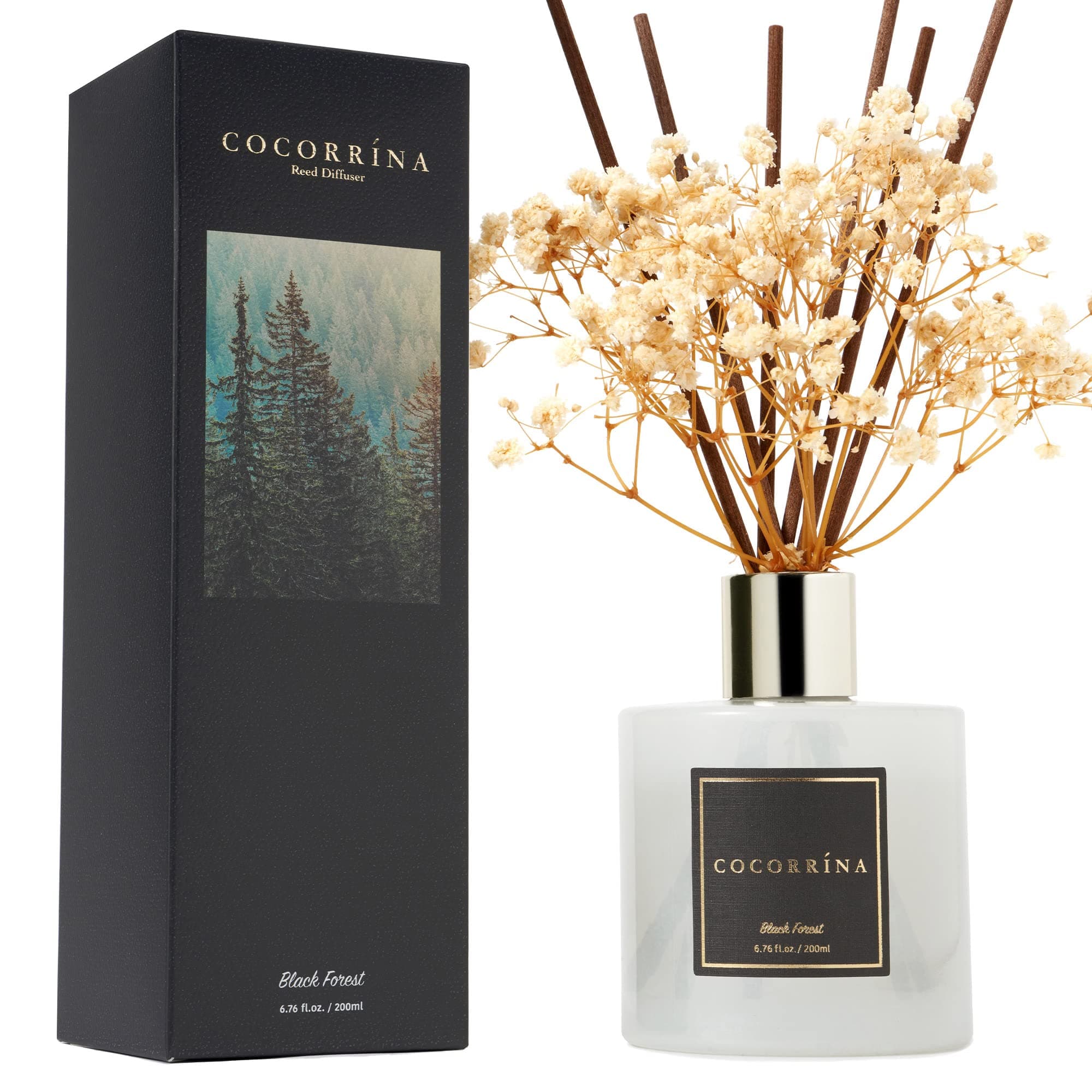 Cocorrína Reed Diffuser Sets, 6.7 fl oz. Black Forest Diffuser with Sticks Home Fragrance Reed Diffuser for Bathroom Shelf Decor