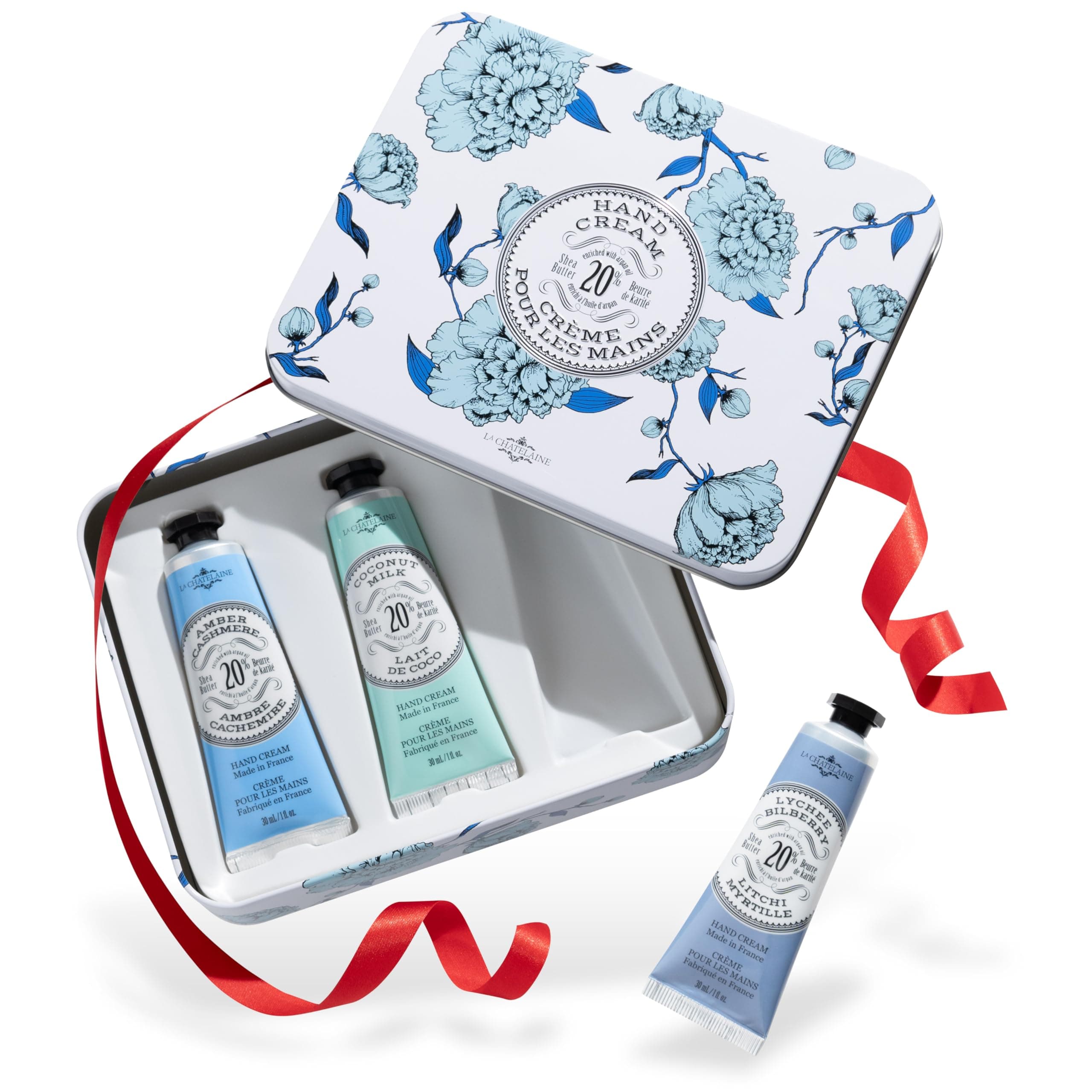 Hand Cream Trio Tin Gift Set, Ready-To-Gift Tin, Nautral, Made in France with 20% Organic Shea Butter, Nourishing and Moisturizing (Amber Cashmere, Coconut Milk, Lychee Bilberry or Shea)