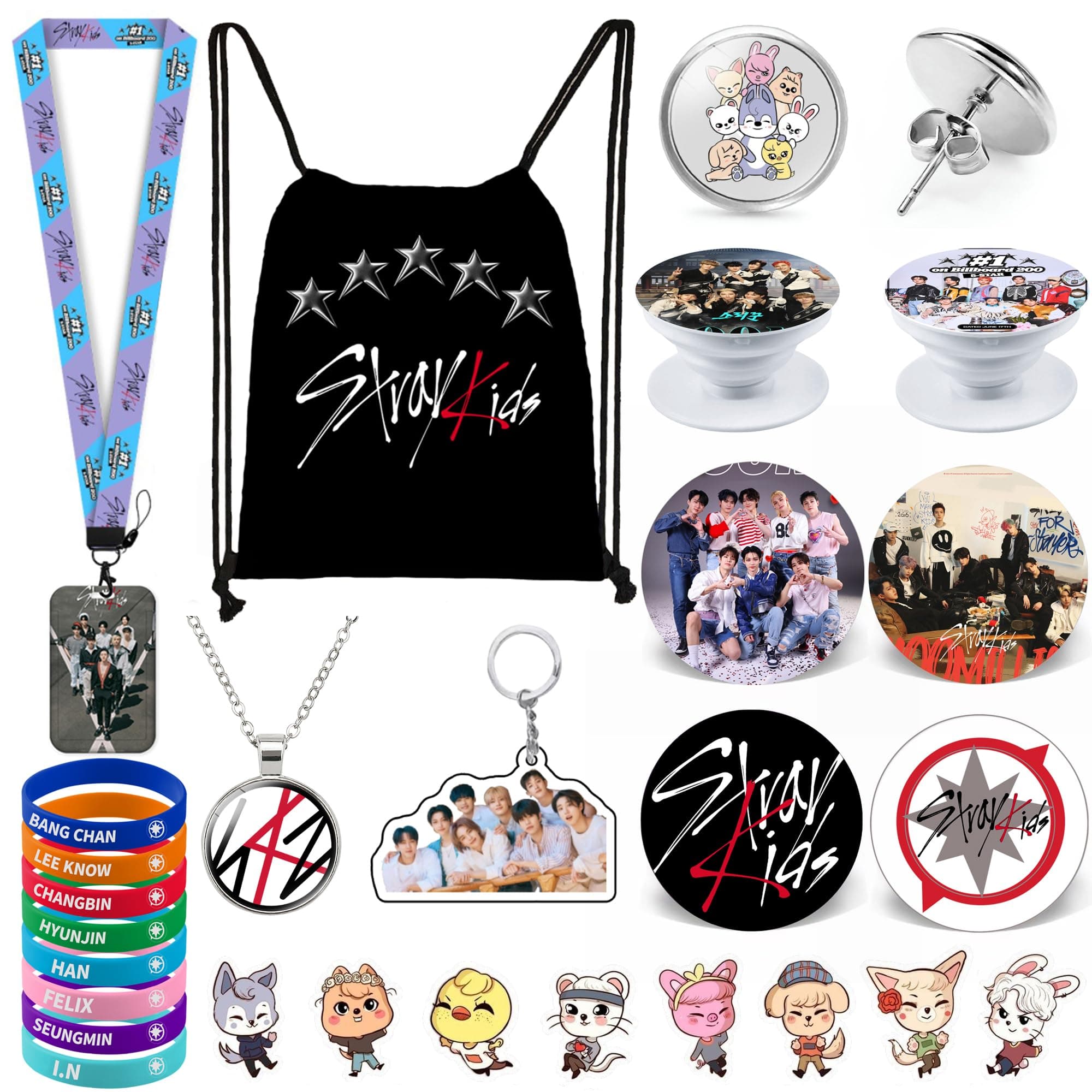 Kpop Stray Kids Gift Set Including Drawstring Backpack, Necklace, Earrings, Bracelets, Button Brooches, Lanyard ID Holder, Keychain, Phone Ring Holder, Cartoon Badge, Zinc, Opal