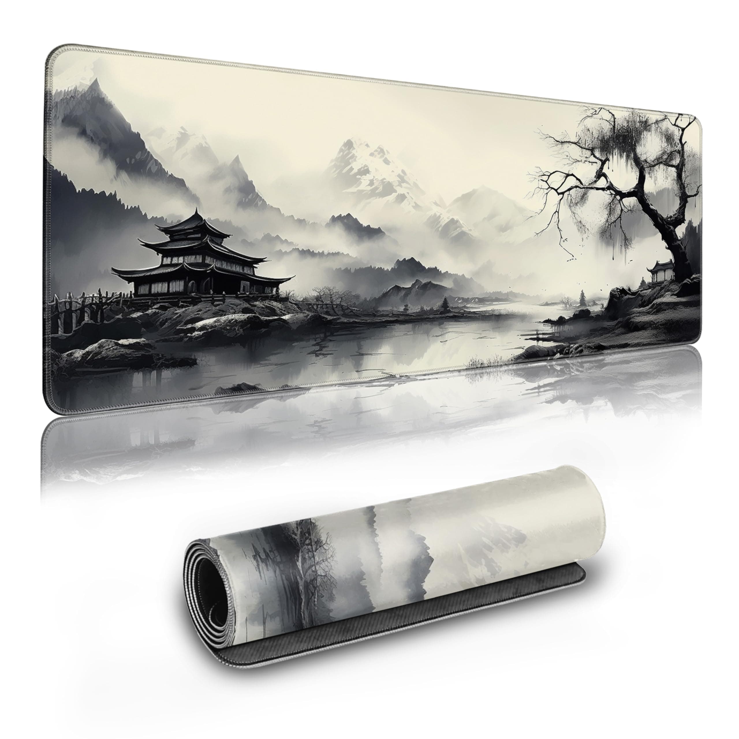 Long Gaming Mouse Pad Extended Anime Large Desk Pad with Non-Slip Base Full Keyboard Mat with Stitched Edges for Gaming and Office 31.5 x 11.8 inches (Black White Ink Painting)