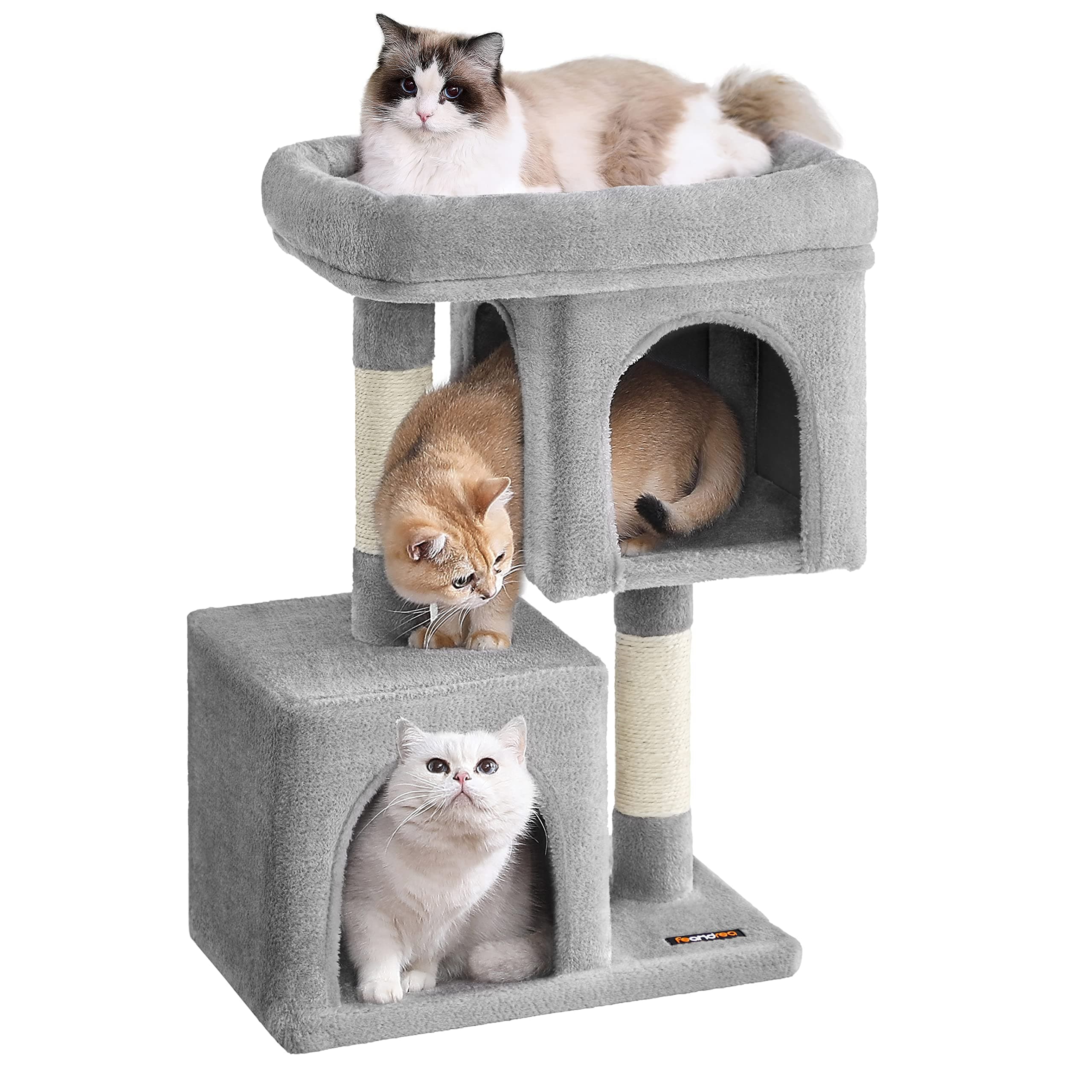 Cat Tree, 29.1-Inch Cat Tower, Plush Condo for Medium Cats up to 11 lb, Large Perch, 2 Caves, Scratching Post, Light Gray UPCT612W01