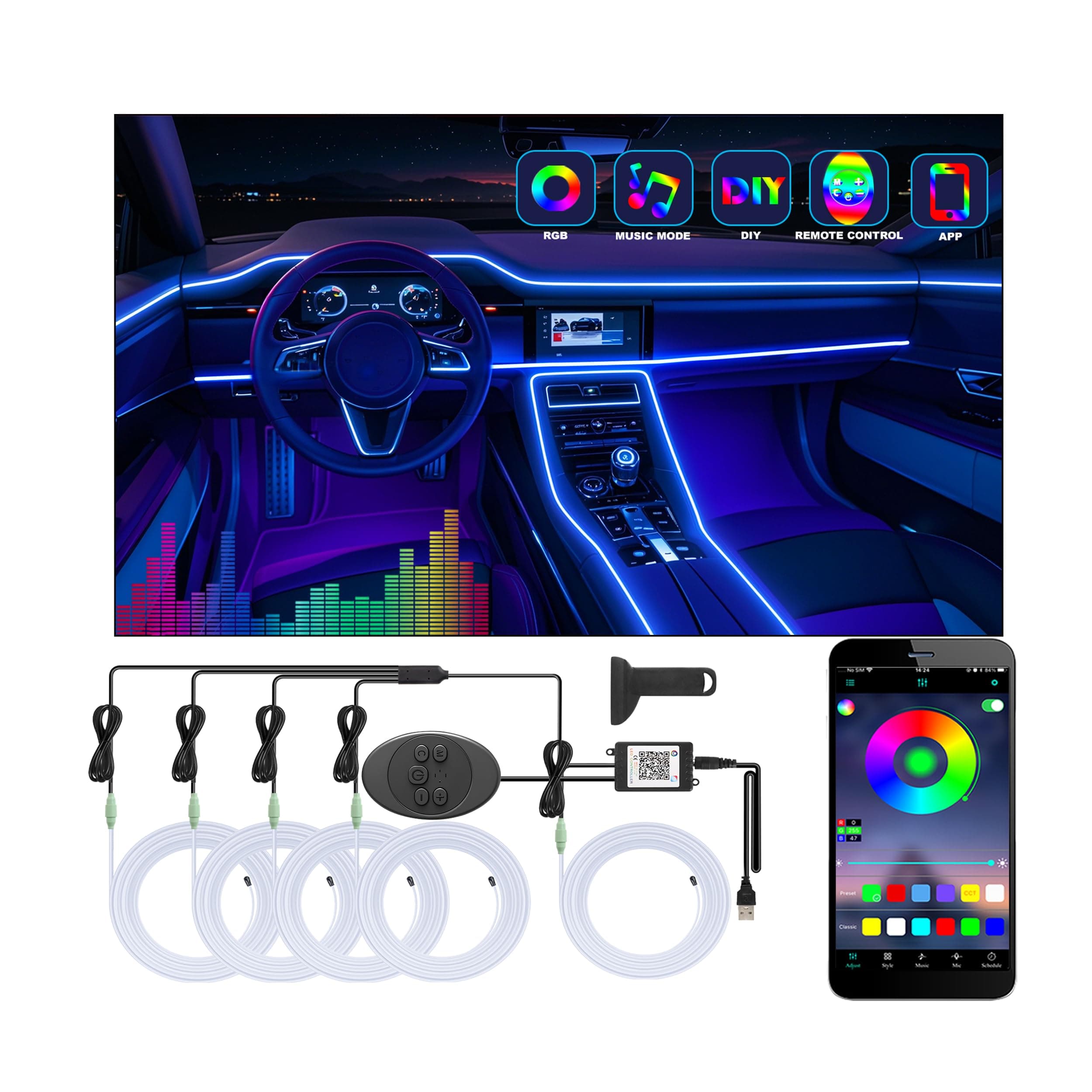 5 in 1 Car Led Strip Lights with App Control, RGB Colors Interior Car Lights, Ambient Led Lighting Kit, 4 Light Flashing Modes, USB Neon Accessories for Doors, Center Console