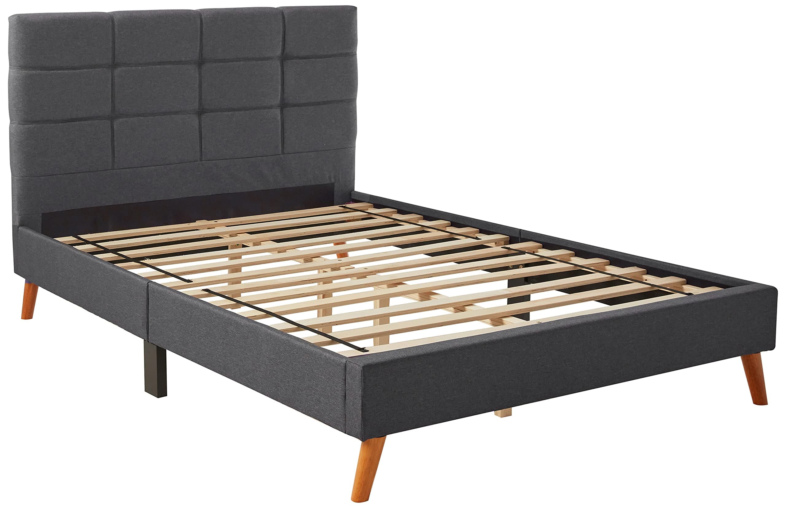 Mid-Century Linen Platform Bed Frame with Pleated Headboard Design (Full, Dark Grey)