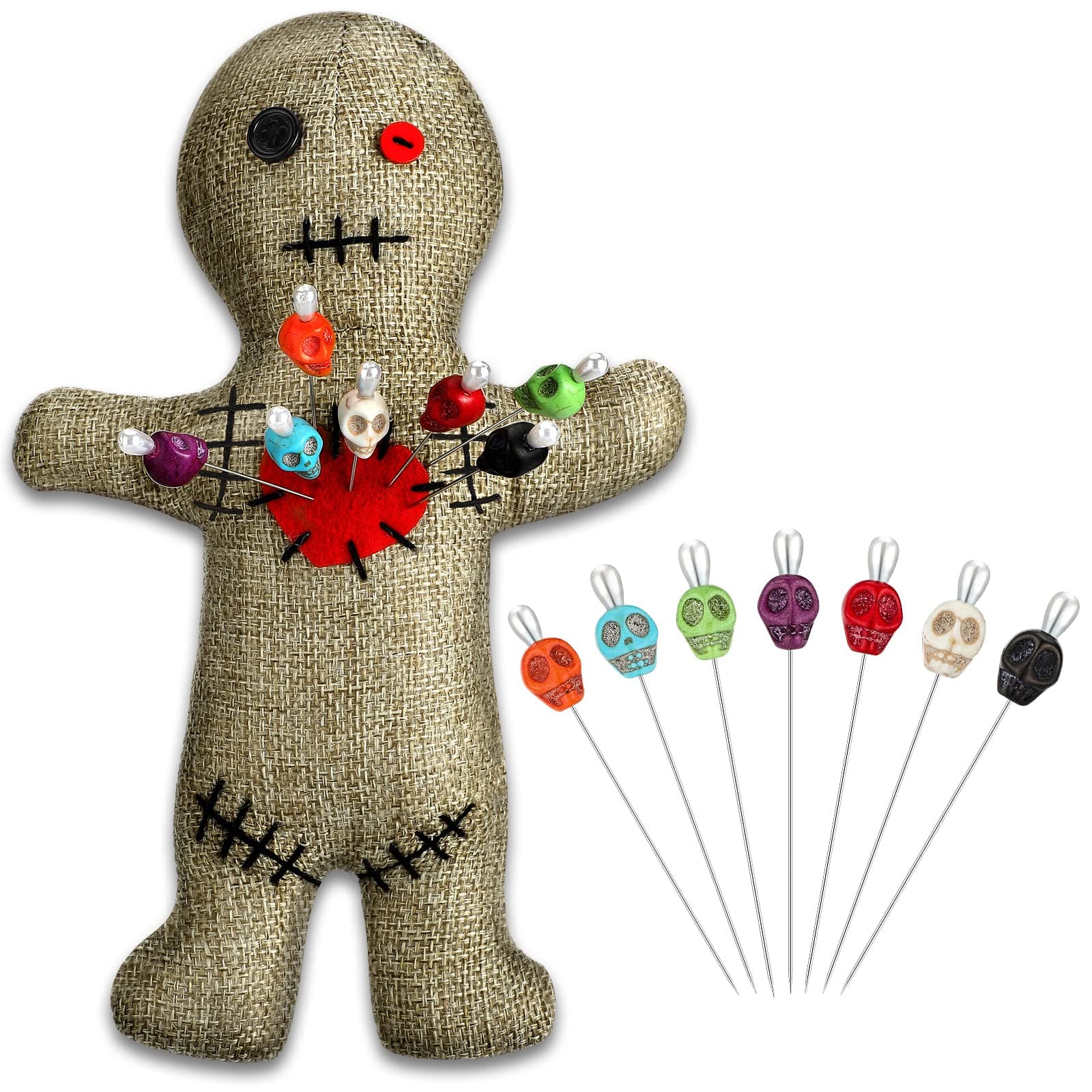 Kathfly 8 Pcs Voodoo Doll Set 7" Voodoo Horror Doll with 7 Pcs Skull Pins Creepy Ghost Dolls Revenge Stress Relieving Inspirational Positive Ornament Gift for Friend Coworkers Birthday Gifts(Flaxen)