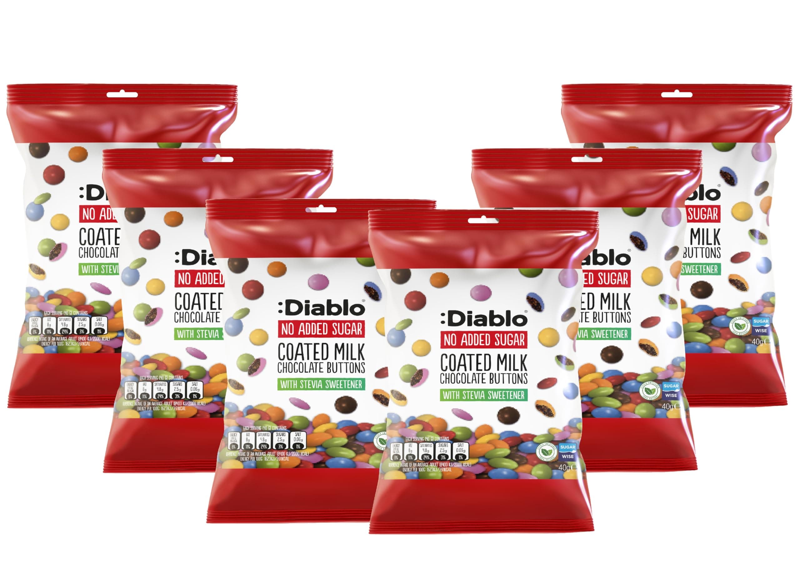 Diablo Chocolate Candy Coated Buttons - No Sugar Added, Bite Size Colorful Shell Coating - Sweetened with Stevia, Perfect for Gifting Chocolates - 40g, Milk Chocolate, Pack of 6