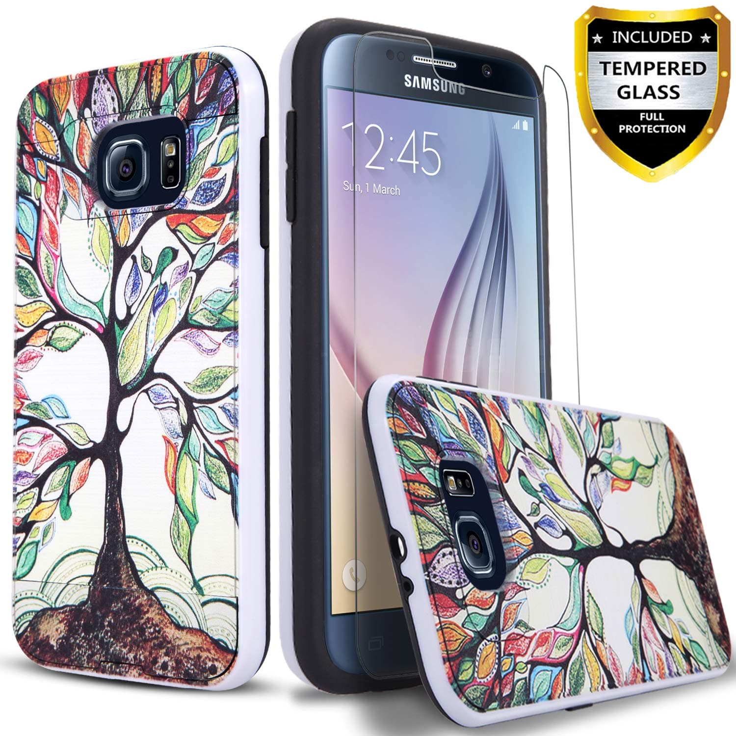 Samsung Galaxy S6 Case, With [Tempered Glass Screen Protector],(Not Fit Galaxy S6 Edge,S6 Aactive) 2-Piece Style Hybrid Shockproof Rugged Phone Cover And CircleMalls Stylus Touch Screen Pen-Lucky Tree