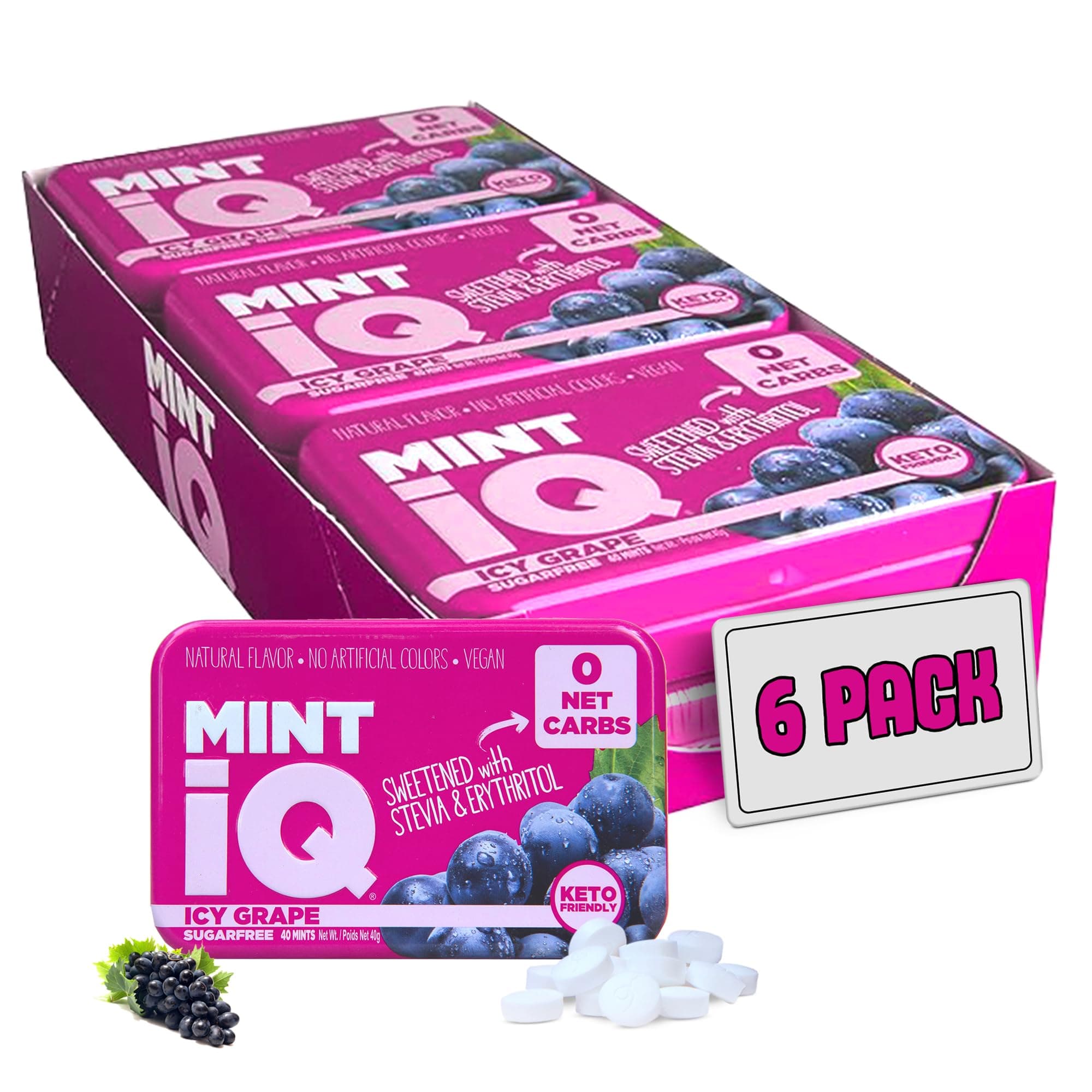 - Big Sky MINT iQ Icy Grape Mint Candy 40 grams Pack of 6 Tins in Display Tray - Travel Size Mint Candies Tin - Keto Friendly, Vegan & Natural Fruity Flavored Candy Mints for Long Lasting Fresh Breath