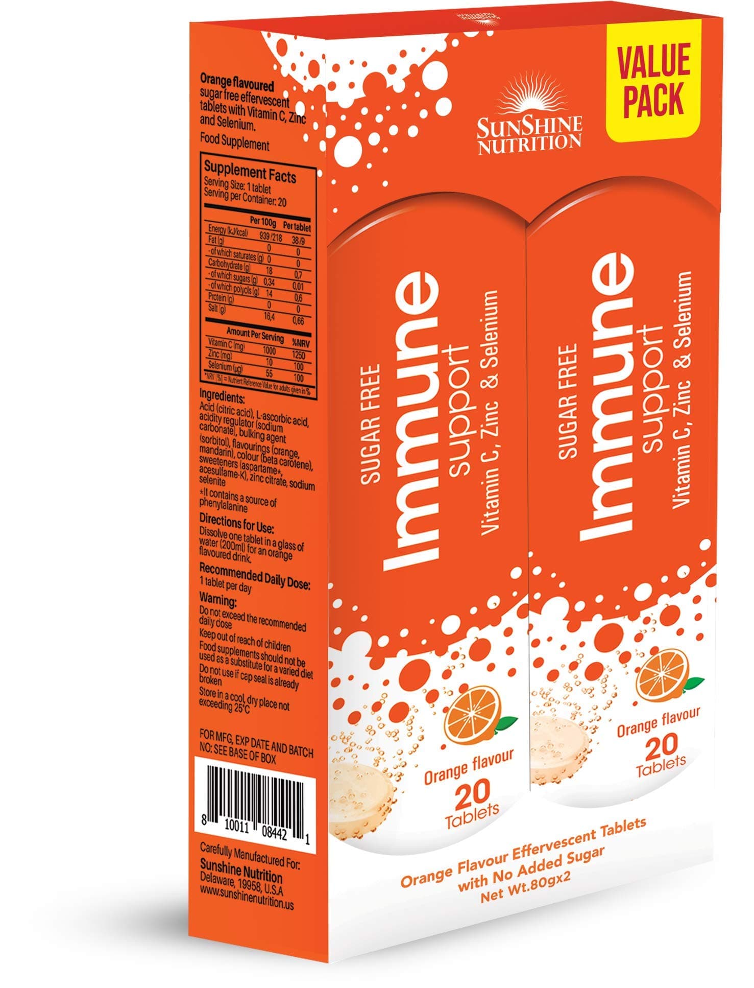 Immune Support Effervescent Tabs, 2 X 20 Tablets | With Vitamin C, Zinc & Selenium | Sugar Free | Orange Flavor