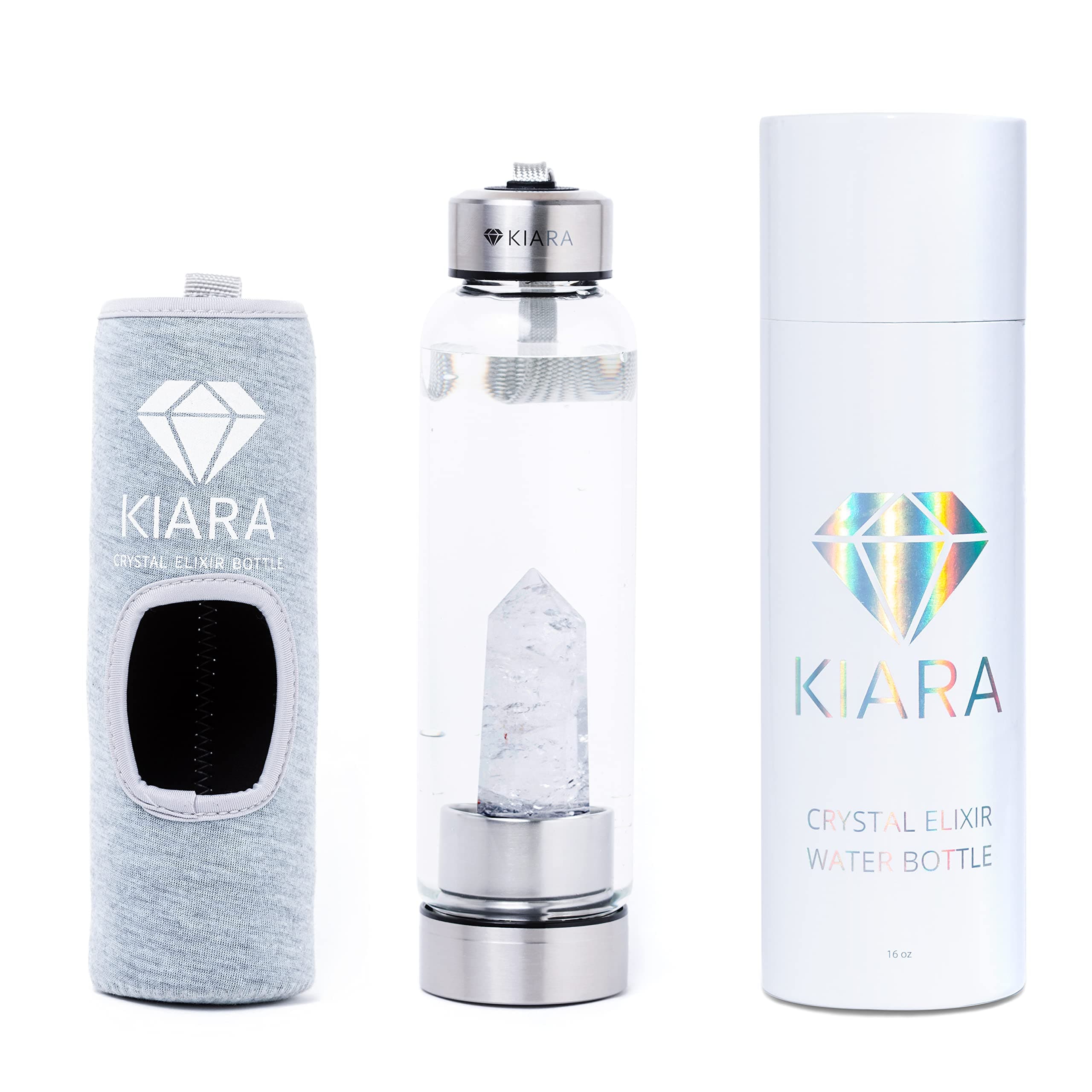 Kiara CrystalElixir Bottle | 16oz Natural Gemstone Water Bottle for Making Crystal Infused Gemwater | Includes Premium Healing Crystal, Free E-Book and Neoprene Sleeve (Super Sleeve - Clear Quartz)