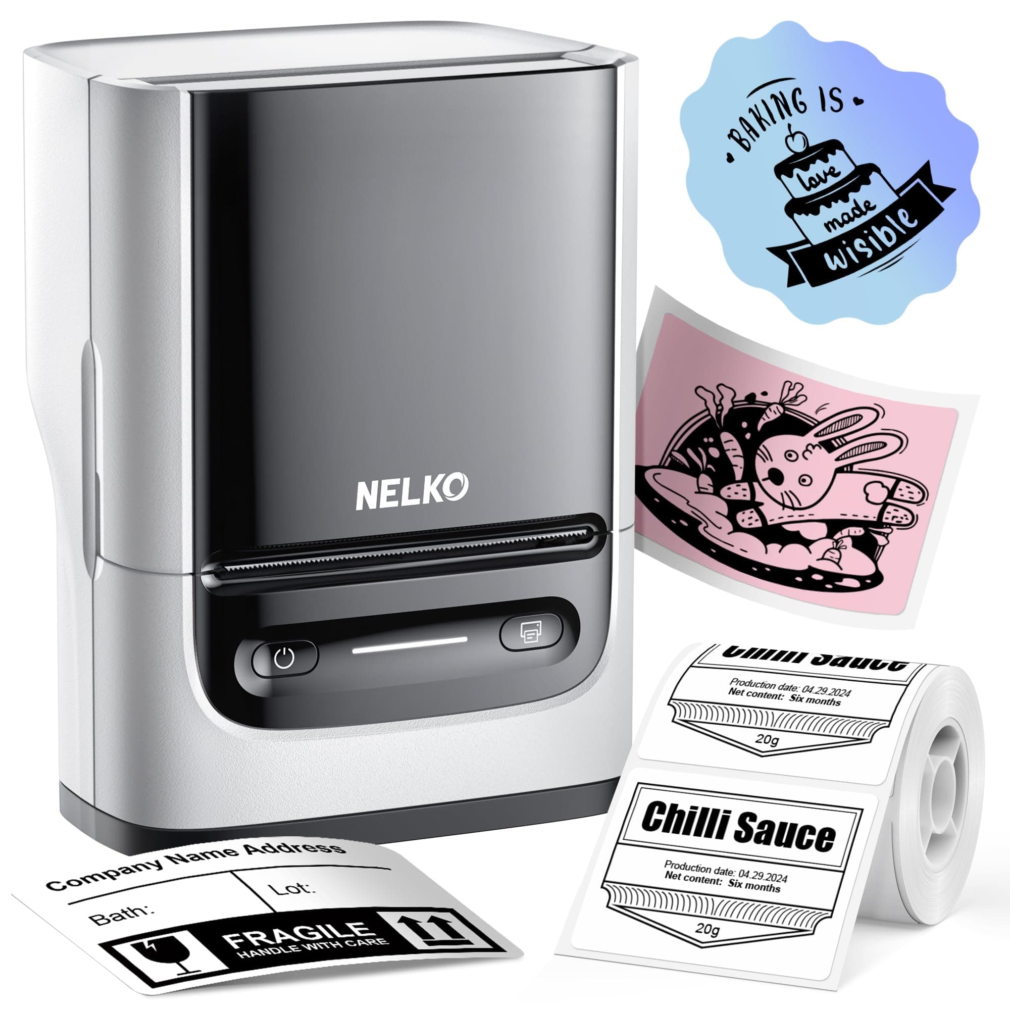 Nelko Label Maker Machine with Tape, PM220 Bluetooth Label Printer, 2 Inch Portable Thermal Printer for Small Business, Address, Logo, Clothing, Smart AI APP for iOS, Android & PC, White