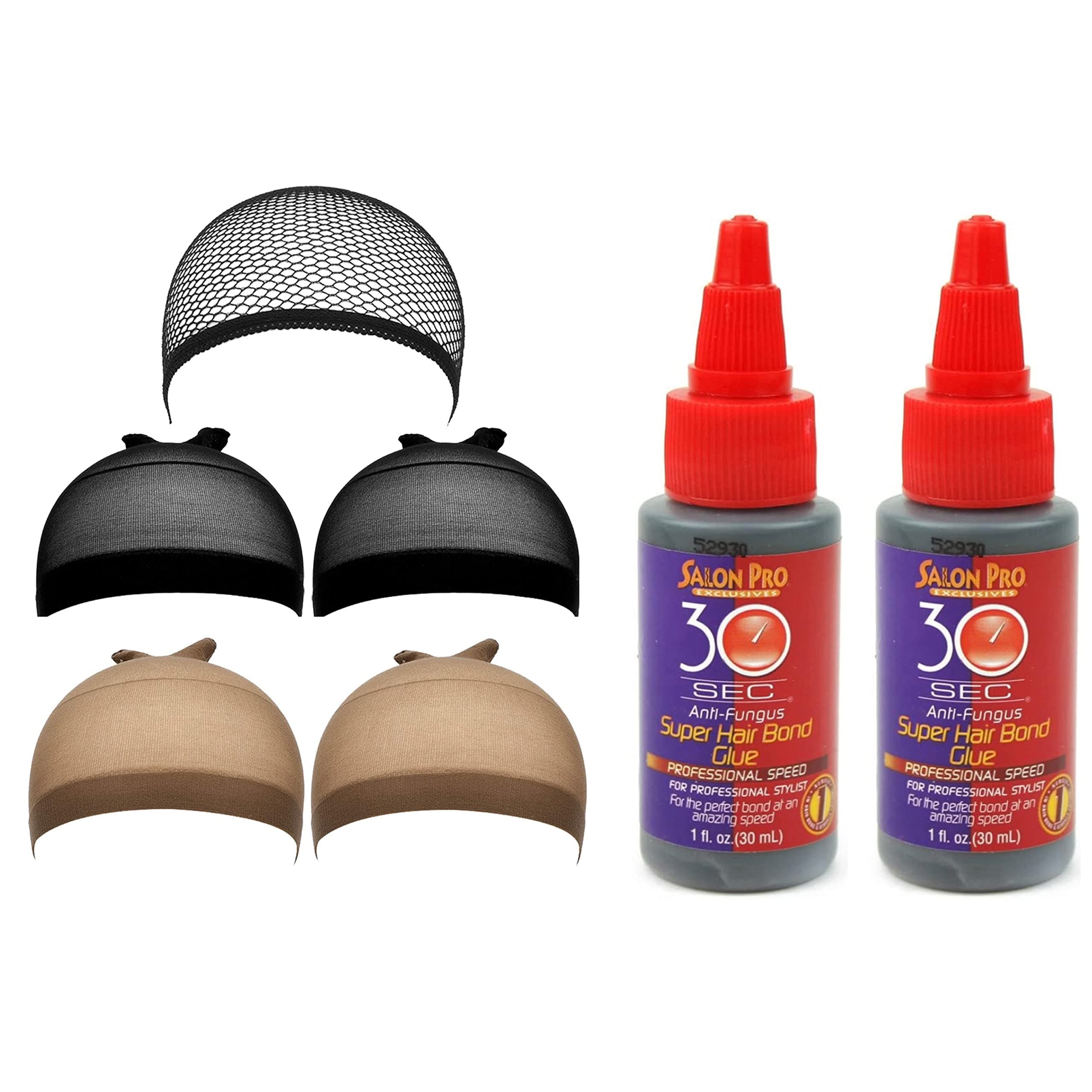 IGS 5 pack Wig Caps Black Mesh Cap, Black Wig Cap, Brown Wig Cap (Including Salon Pro 30 Second Bonding Glue 2 Pack-1 oz each) Hair Extension Styling Wig Making Bonding Adhesive Glue Kit