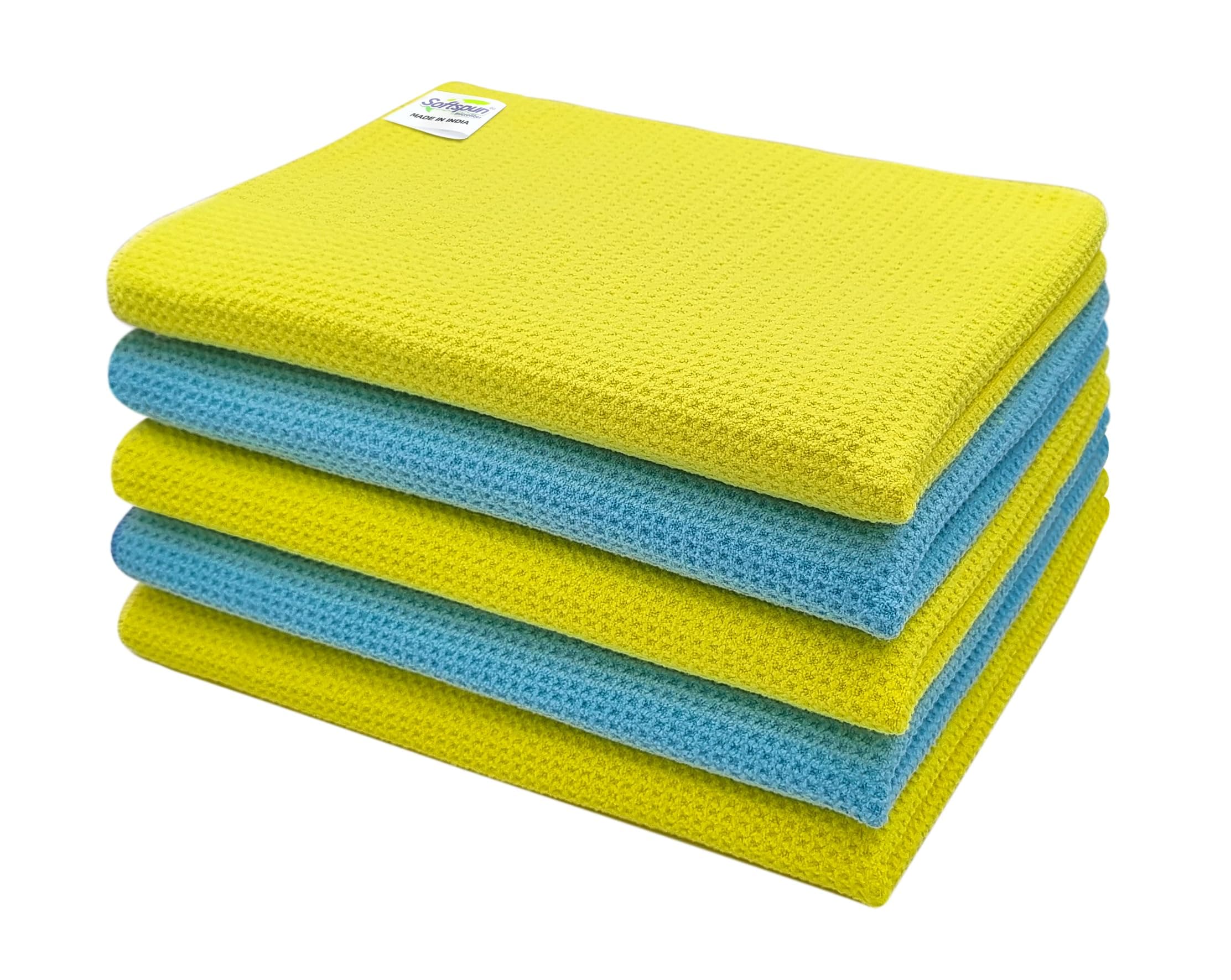 SOFTSPUN Microfiber Drying Cloth, 40x60 Cms 5 Piece Waffle Weave Towel Set 400 GSM Multicolour Super Absorbent Lint & StreakFree Cloth Cleans and Polishes for Car WindowGlass Office & Home.