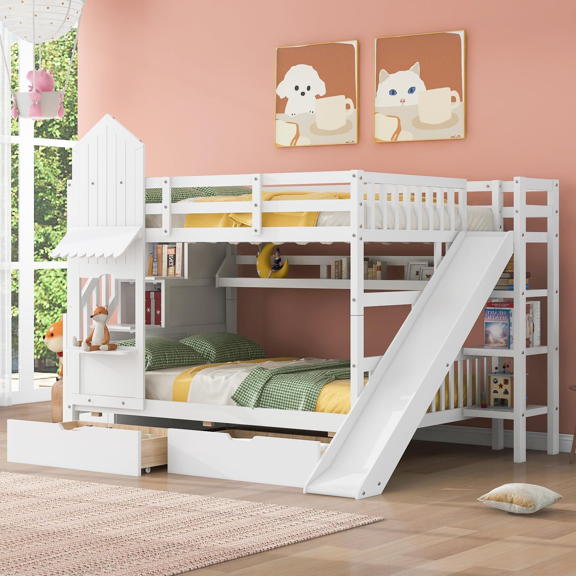 Full-Over-Full Castle Style Bunk Bed with 2 Drawers and 3 Shelves, Wood Bunk Bed Frame with Slide and Storage Staircase for Kids Teens Boys Girls, Maximize Space Savings (White +Full-3)