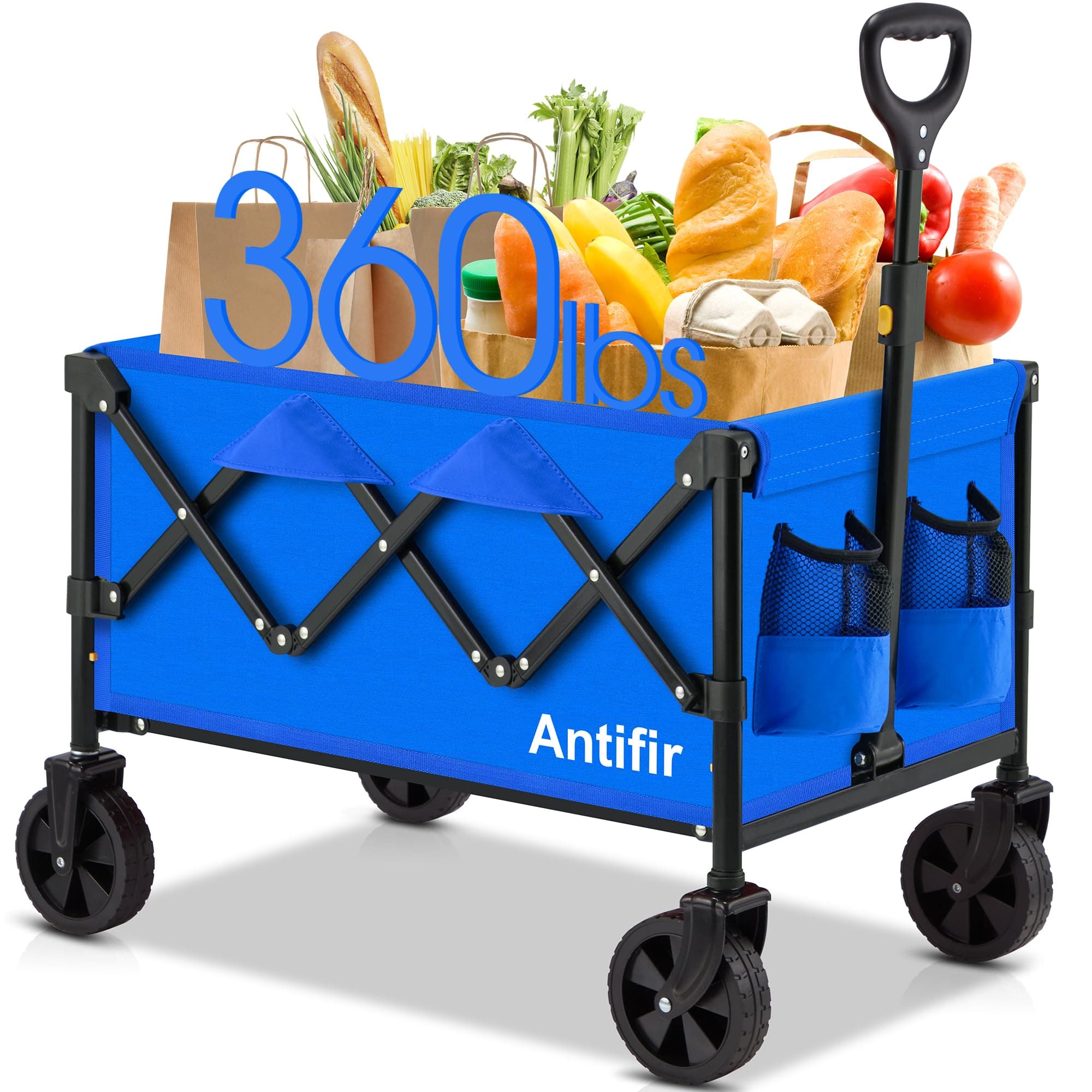 Collapsible Foldable Wagon with Wheels 360 LBS,Heavy Duty Folding Utility Cart for Groceries,Shopping,Garden,Camping,Outdoor,2 Drink Holders Blue