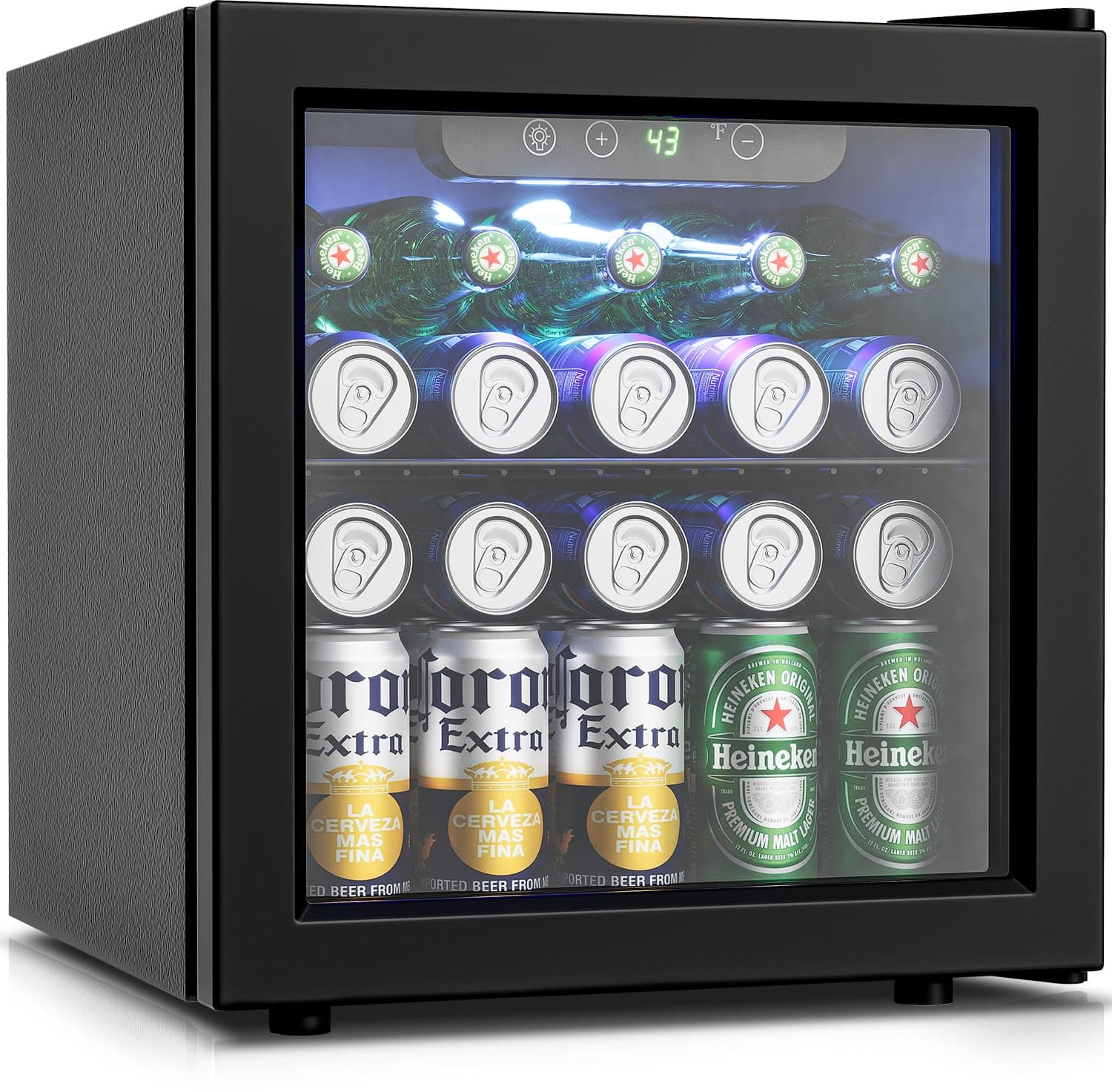 Feelfunn 50 Can Beverage Refrigerator Cooler - 1.3 Cu.Ft Mini Fridge with Glass Door, Soda Beer Drink Wine Fridge, Countertop Small Refrigerator for Bedroom Office Home Dorm Bar, Black