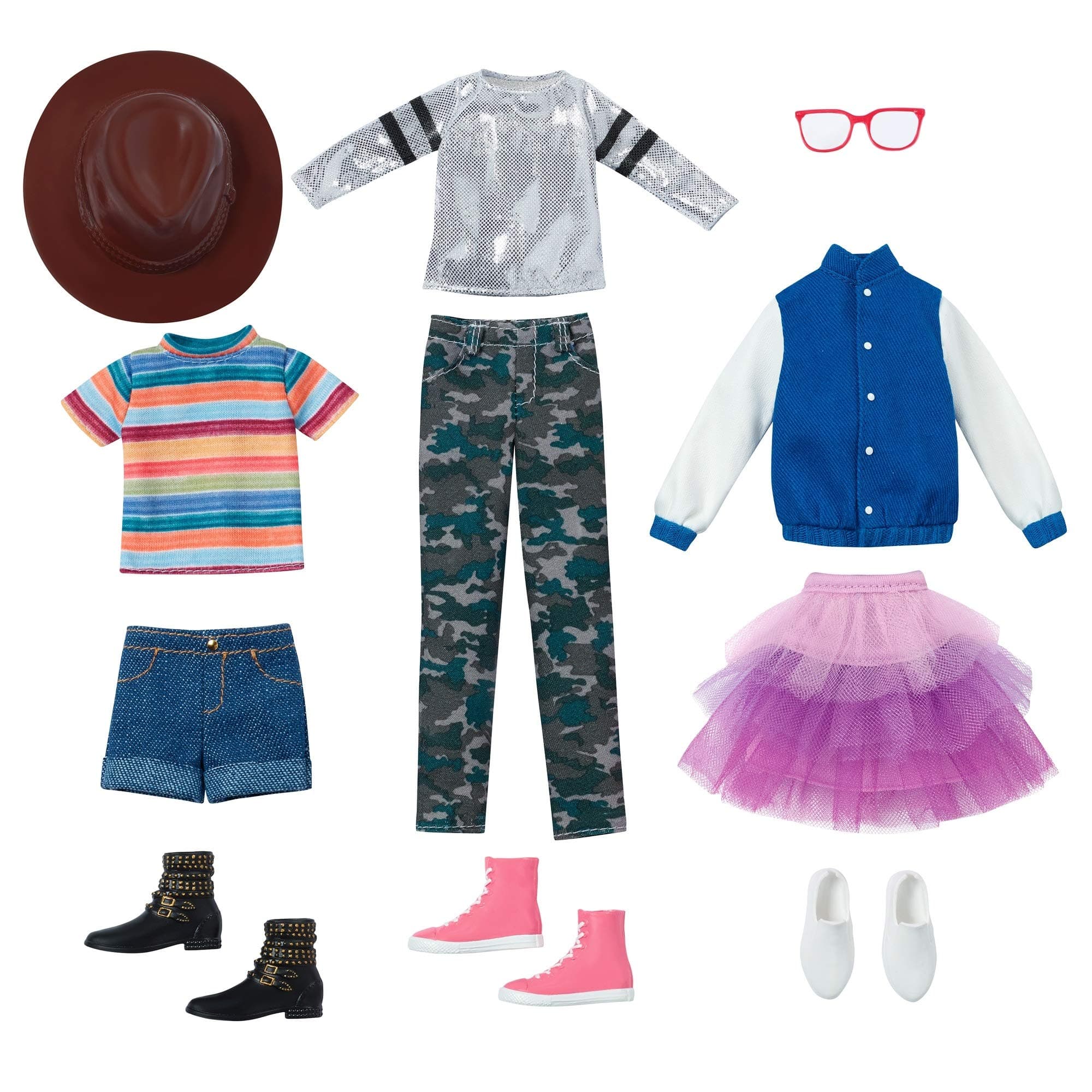 Creatable World Everyday Style Pack ES-725, 11-Piece Clothes and Accessory Fashion Set with 3 Tops, 3 Bottoms, 3 Pairs of Shoes, 2 Accessories, Great Gift for Kids 6 Years Old and Up