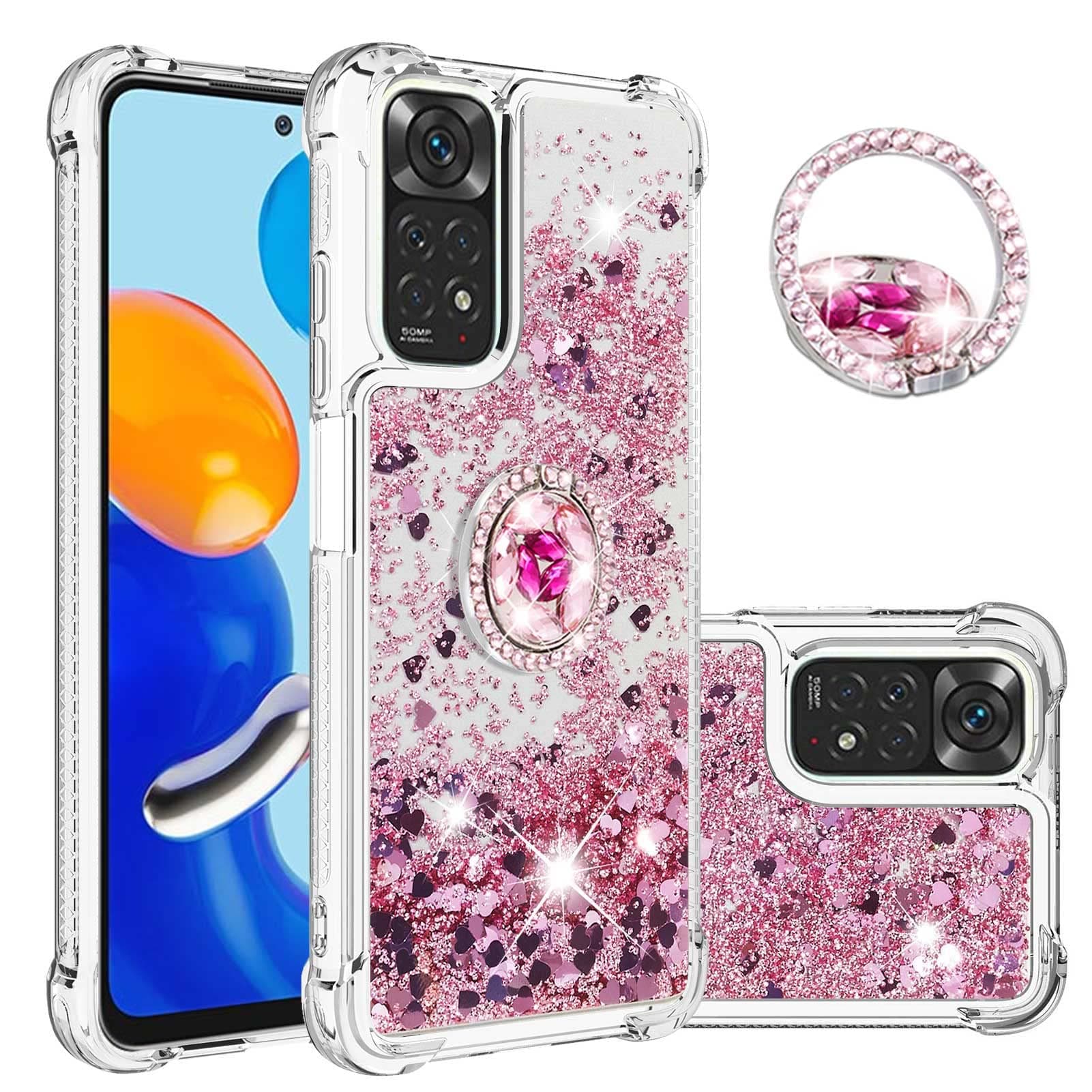 for Xiaomi Redmi Note 11 4G Clear Glitter Case with Diamond Ring Holder for Women, Soft TPU Bling Liquid Quicksand Sparkly Transparent Cover for Redmi Note 11 4G/Note 11S 4G LSZ Rose Gold