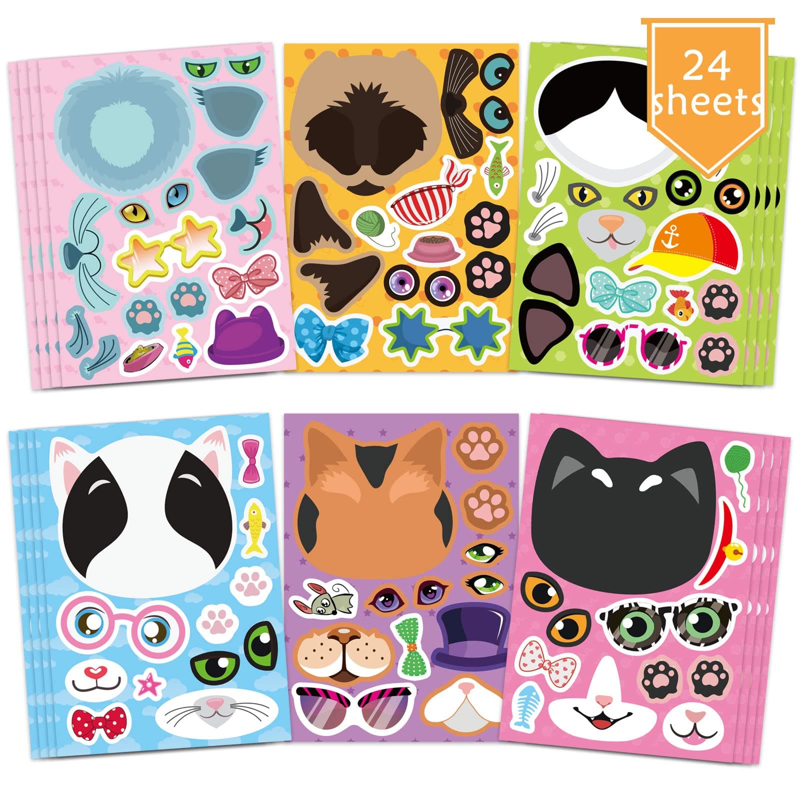 24 Sheets Cats Make a Face Stickers Make You Own Cats Stickers Animal Sticker for Kids, Birthday Gift Party Favors Supplies Teacher Art Craft, Games School Activity Reward