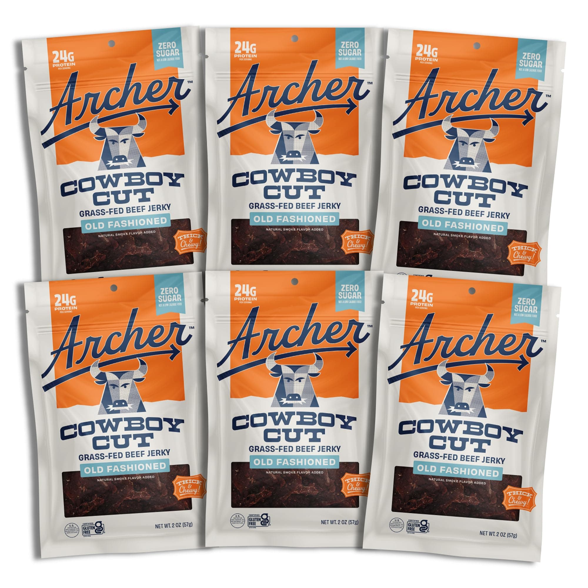Country Archer Zero Sugar Classic Beef Jerky | 100% Grass-fed, Sugar-free Beef Jerky | Keto, Low Carb, Protein Snacks | 2 Ounce (6 Pack)