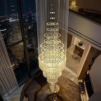 Flashing God D32''X H110'' Large Crystal Chandeliers for High Ceiling Modern Gold Raindrop Chandelier Stairway Chandelier Crystal Flush Mount Ceiling Light for Living Room Staircaes Foyer