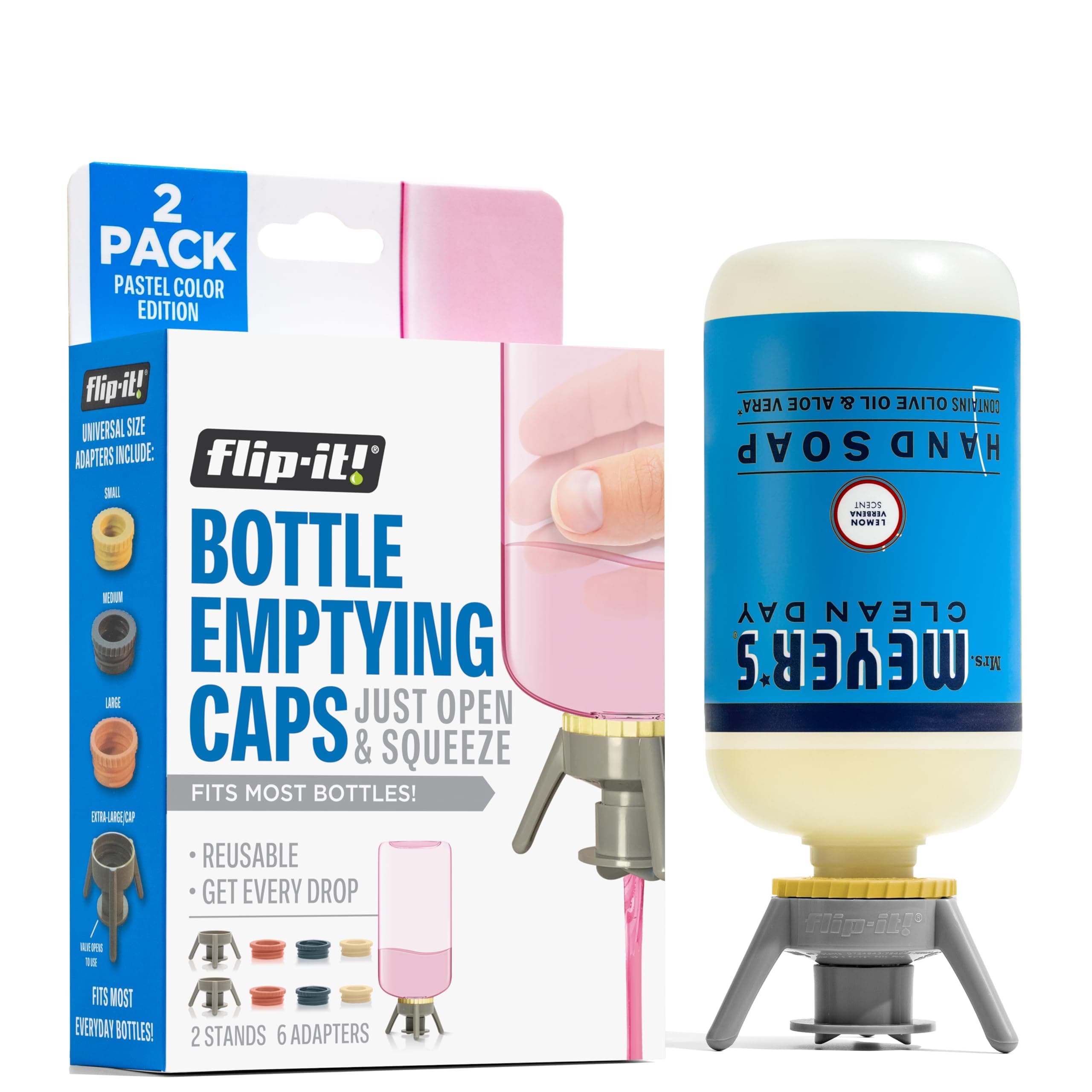 - Flip-It! 2-Pack Premium Bottle Emptying Kit – No more wasted product - Fits most plastic bottles – Get out every drop of Shampoos, Lotions, & More – 2 Base Caps, 6 Adapters – Pastel Color Edition